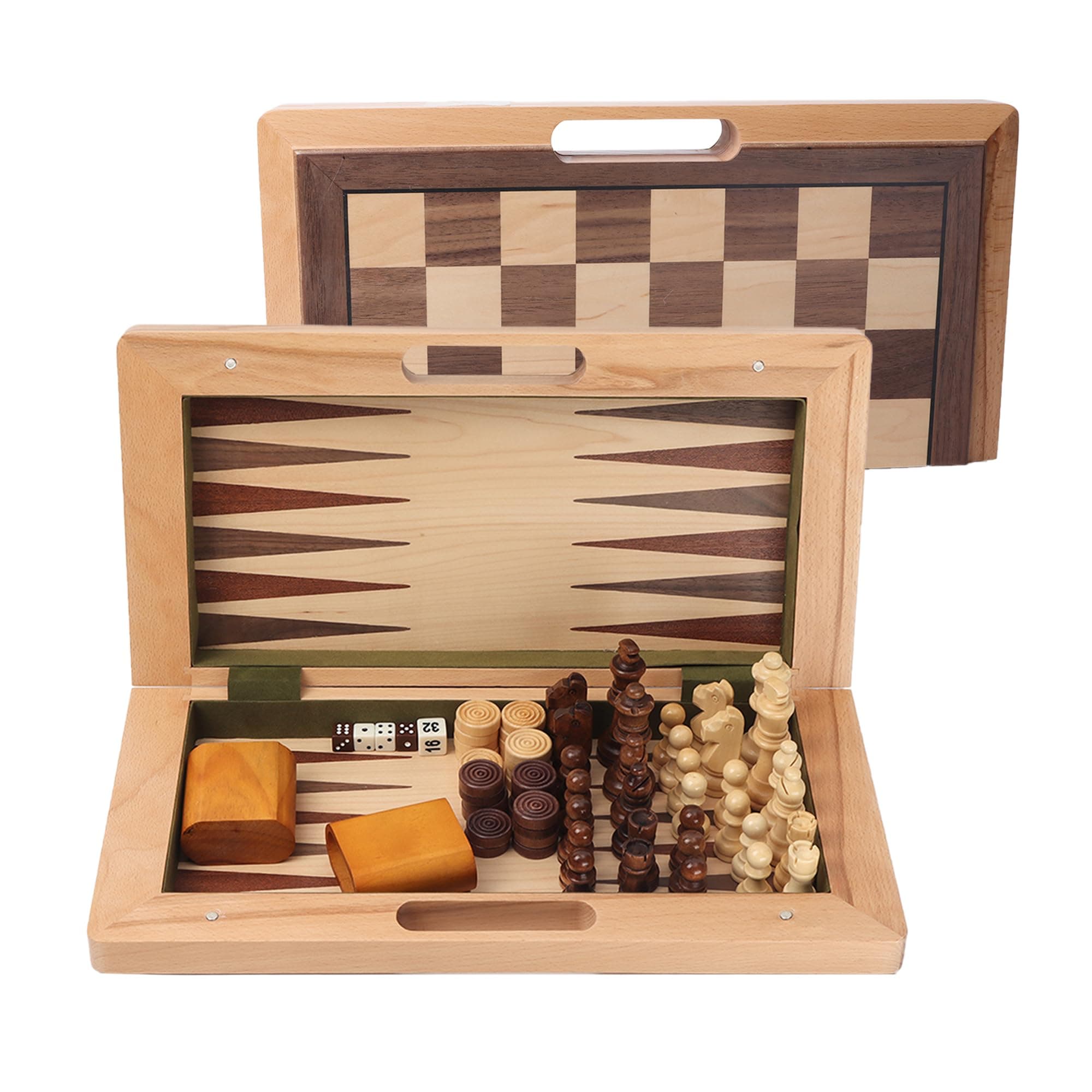 GSE Games & Sports Expert 16" Deluxe 3-in-1 Wooden Folding Chess, Checker & Backgammon Board Game Combo Set, Portable Travel Game Set for Kids & Adults