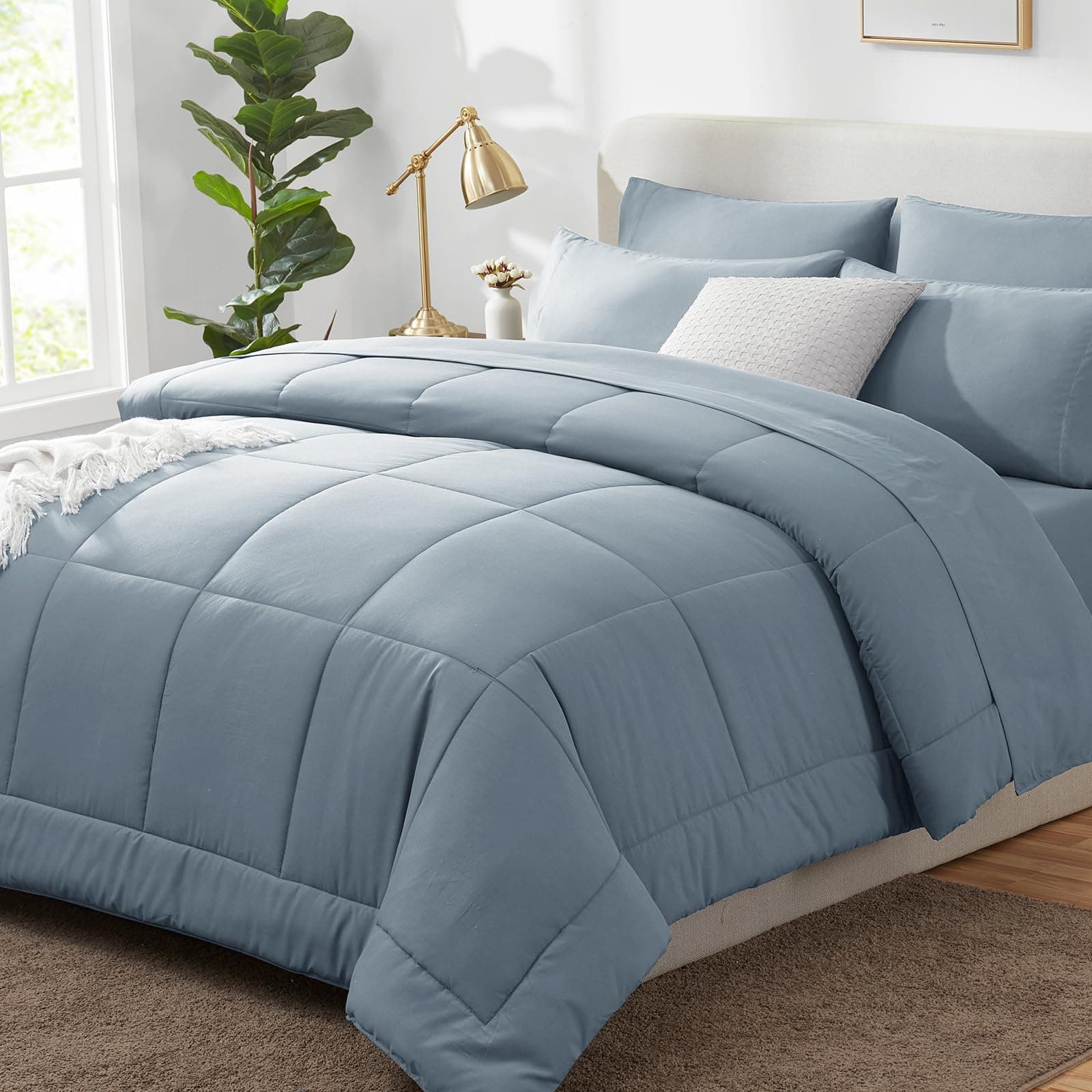 CozyLux Queen Comforter Set Dusty Blue, 7 Pieces Bed in a Bag, Grayish Blue Comforters Queen Size, All Season Bedding Sets with Stitch Quilted Comforter, Flat Sheet, Fitted Sheet, Pillowcases