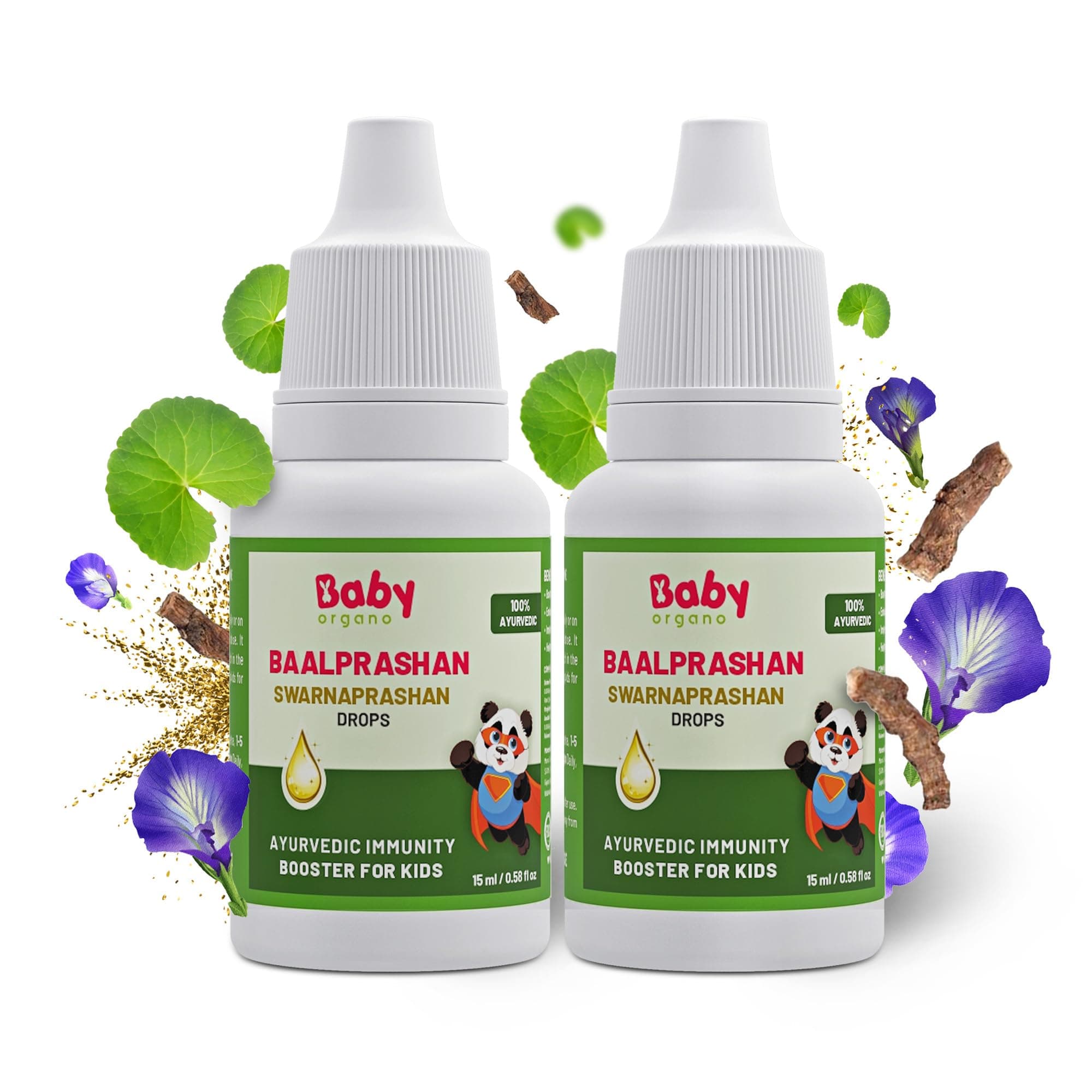 Babyorgano Swarnaprashan Drop for Kids - Suvarnprashan Immunity Booster Enriched with 24CT Gold, Healthy Growth & Strength - 100% Ayurvedic - FDCA Approved - 15ml, Age 0-15 Years (Pack of 2)