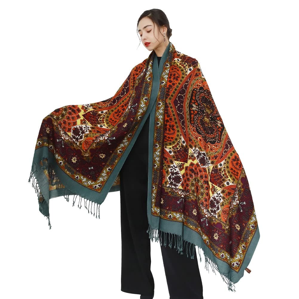 100% Merino Wool Pashmina Shawl for Women 96"x43", Oversized Cashmere Wrap with Tassels, Floral Travel Blanket Cape