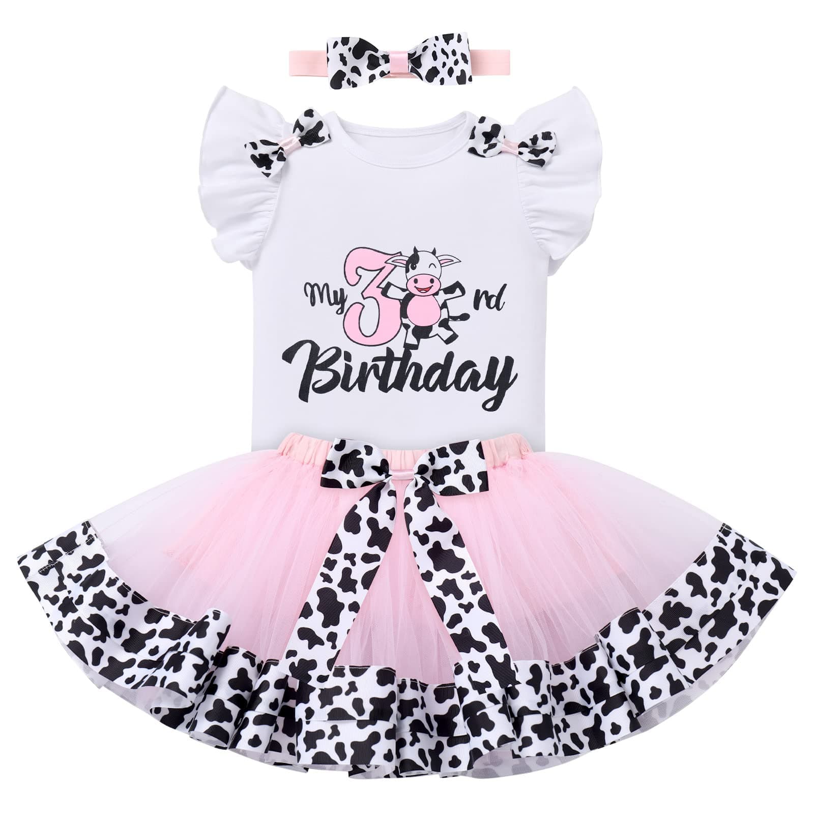 FYMNSIBaby Girl's 1st / 2nd / 3rd Cow Theme Birthday Party Cake Smash Outfit Short Sleeve Romper Tutu Skirt Bowknot Headband 3pcs Set