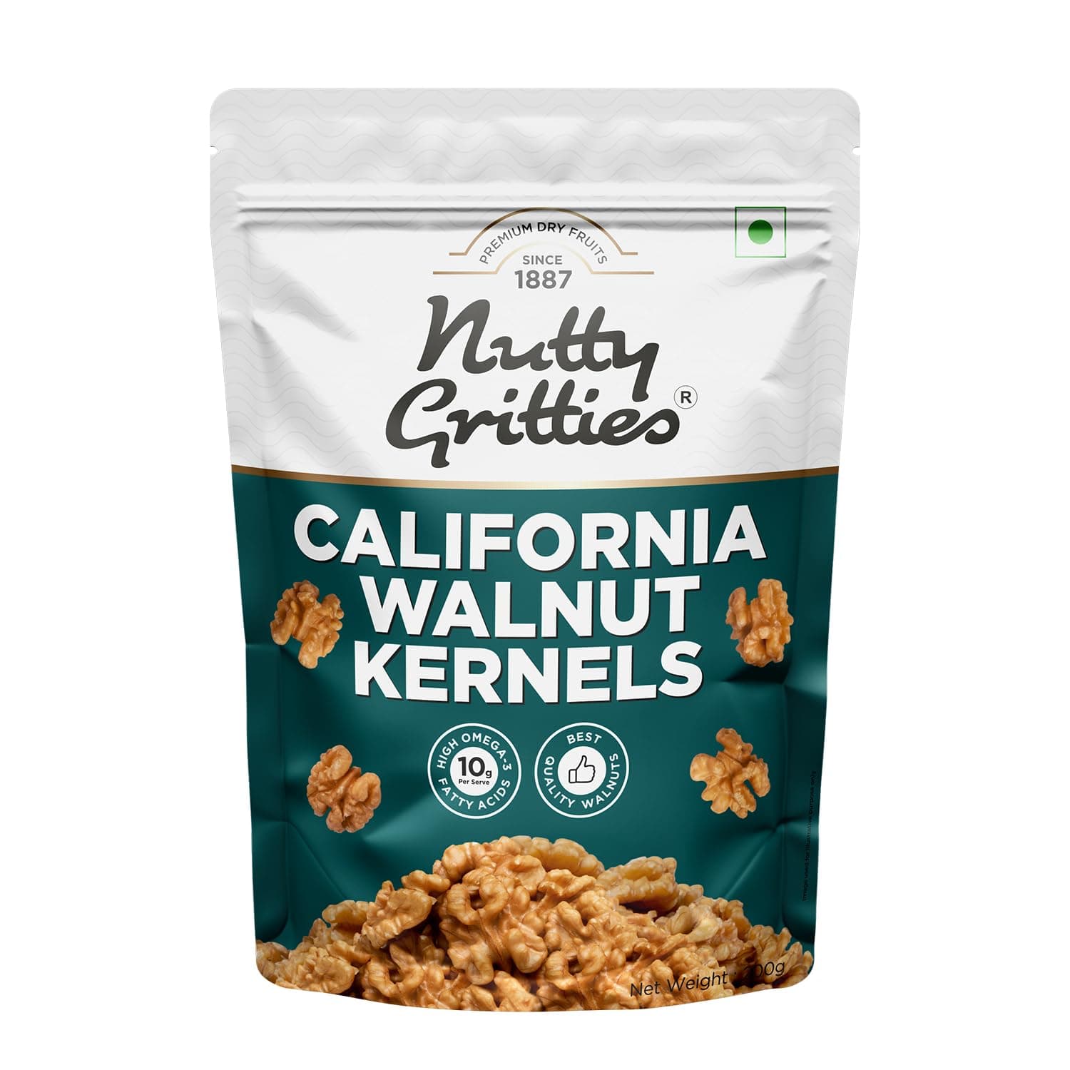 Nutty Gritties California Walnut Kernels Without Shell 200g, for Morning Consumption Dry Fruit, Omega-3 Rich | Resealable Pouch