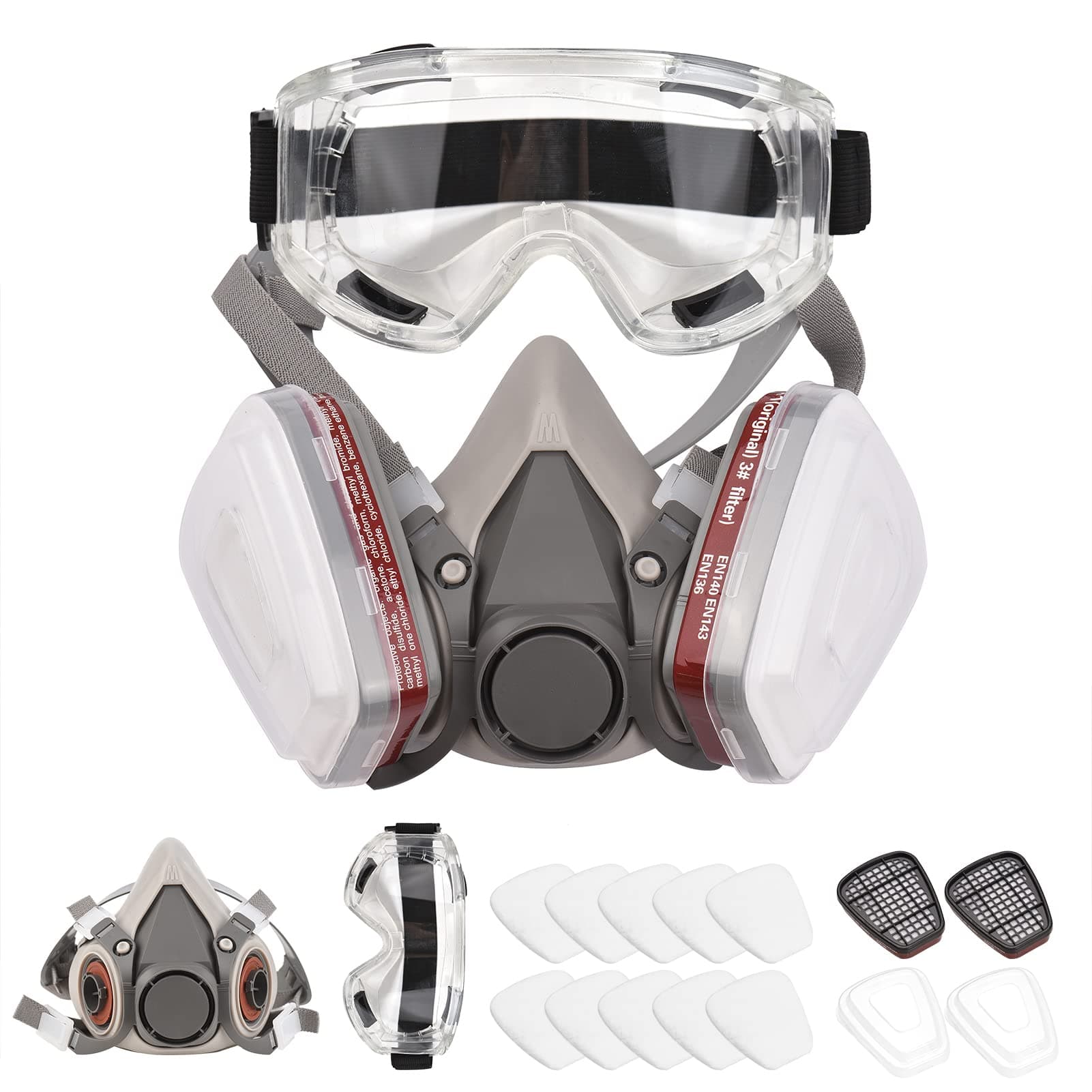 Morelian Reusable Respirator Half Facepiece 6200 Gas Ma-sk Breathing Protection Respirators with Safety Goggles for Painting Organic Vapor Welding Polishing Woodworking and Other Work Protection