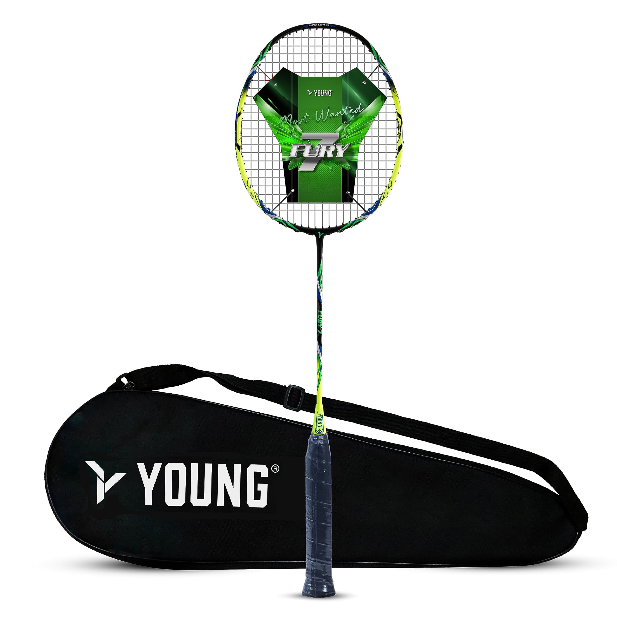 Young (Malaysia) Fury 7 Graphite Lightweight Professional Badminton Racket, Head Light, One Piece High Modulus Graphite, Strung, (Black/Yellow), Includes Full Cover