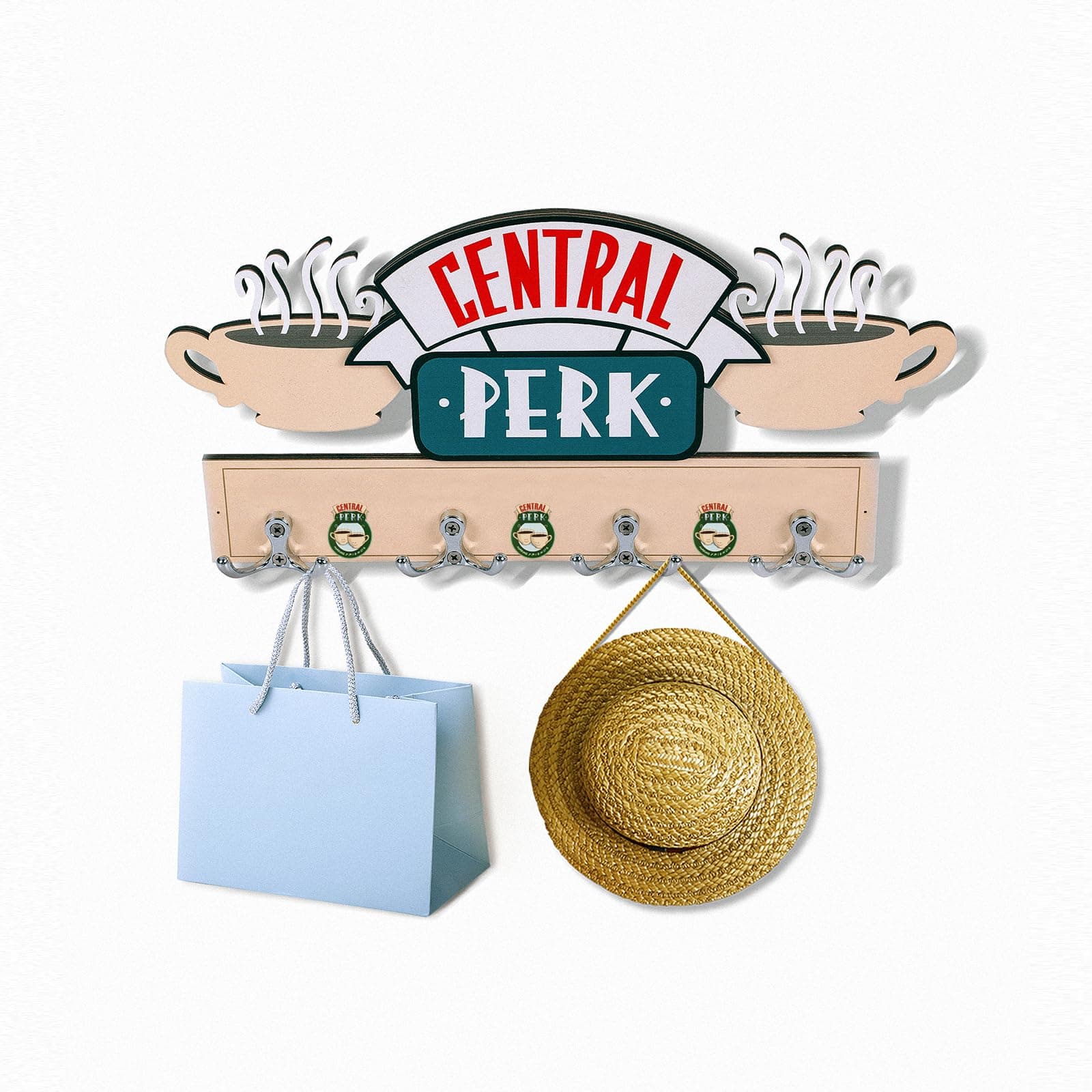 KINVI Friend TV Show Merchandise Key Holder &Central Perk Keychain Cute Home Gift for Lovers,Coffee Cup Handmade Coat Hooks,Vintage Home Decorative Wall, Organizer Mail Coat Holder for Wall.