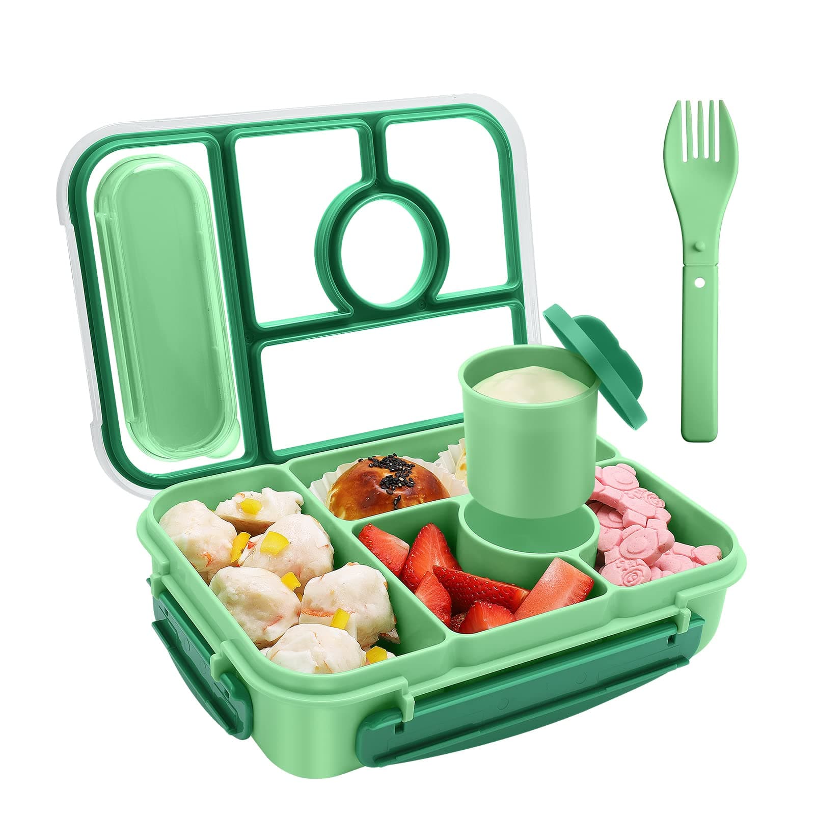 Bento Box Adult Lunch Box Kids,Lunch Containers for Adults/Kids/Toddler,5 Compartments Bento Lunch Box with Sauce Vontainers,Microwave & Dishwasher & Freezer Safe,BPA-Free(Green)