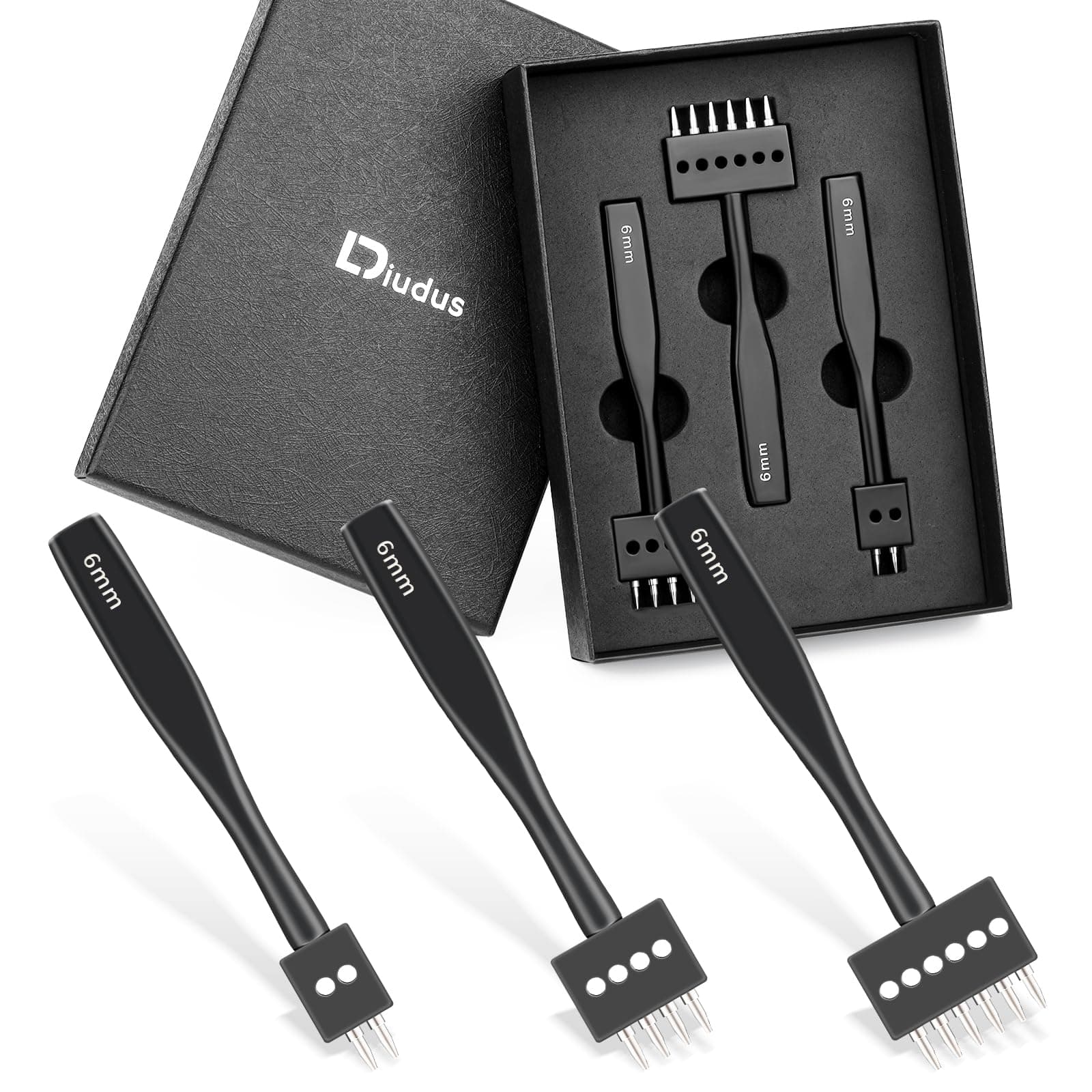 Leather Hole Punch, Prong Punch Tool 6mm 2/4/6 Lacing Stitching Punch, Round Hole Prong Stitching Chisel Set Leatherworking Tools for Leathercraft