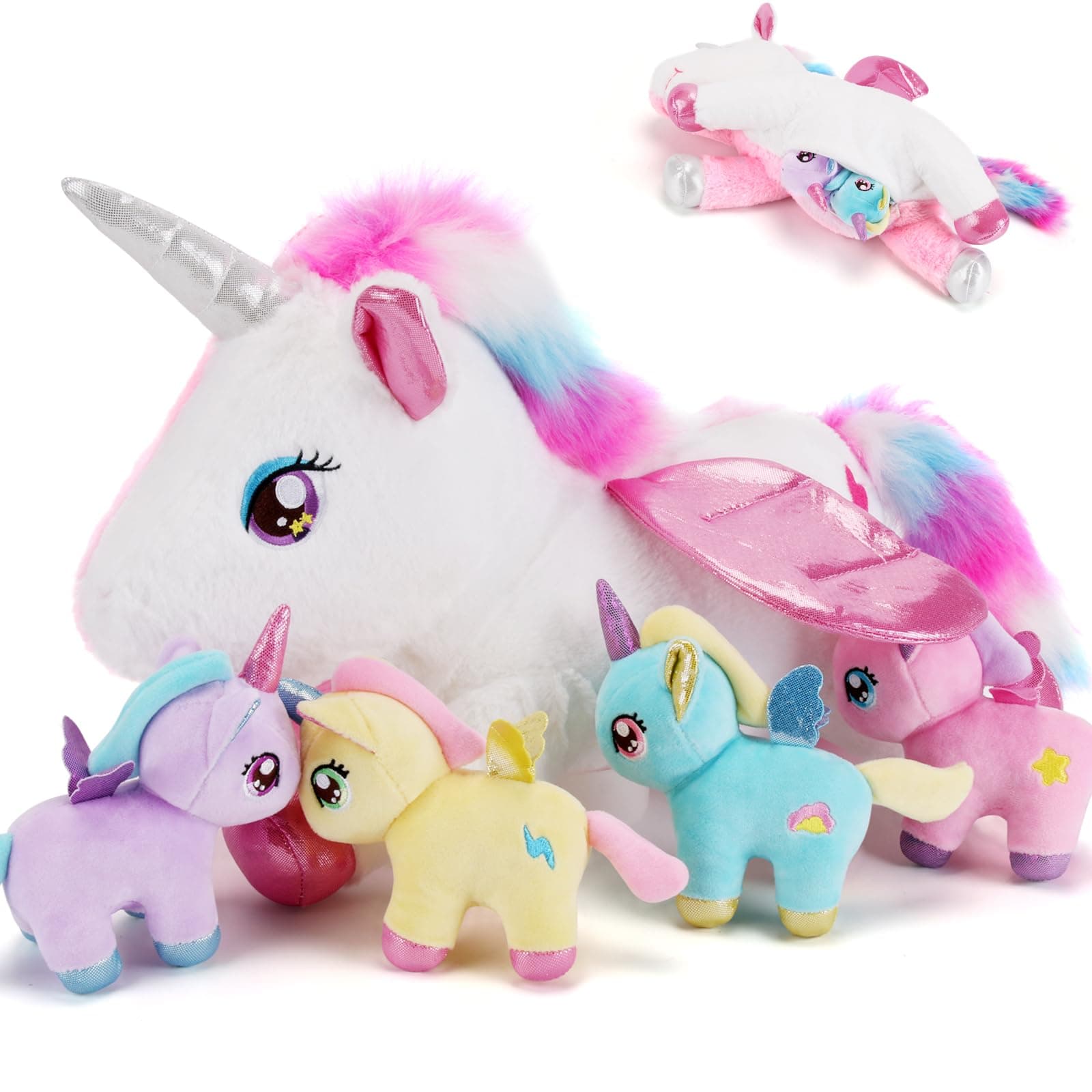 - 5 Pieces Unicorn Stuffed Animals - 1 Mommy Stuffed Unicorn with 4 Babies - Unicorns Gifts for Girls Ages 3 4 5 6 7 8, Unicorns Plush Toys for Christmas, Valentine's, Birthday Gifts (Pink)