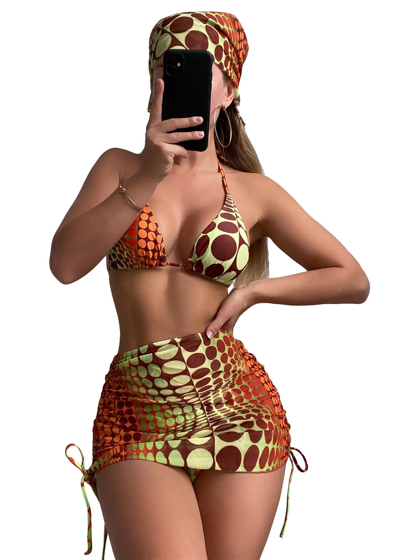 Women's 4 Piece Swimsuits Sexy Bikini Sets Triangle Bathing Suit with Mesh Cover Up Beach Skirt & Bandana