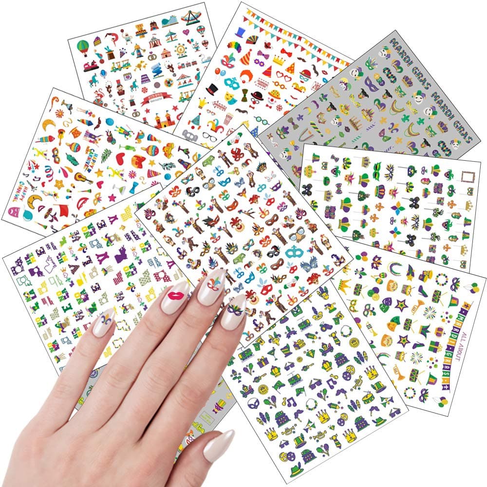 Mardi Gras Nail Art Stickers Fleur de Lis Carnival Nail Decals Nail Supplies Joker Circus Masquerade Mask Comedy Tragedy Self Adhesive Nail Design for Acrylic Nail Decorations Party Favors 10 Sheets