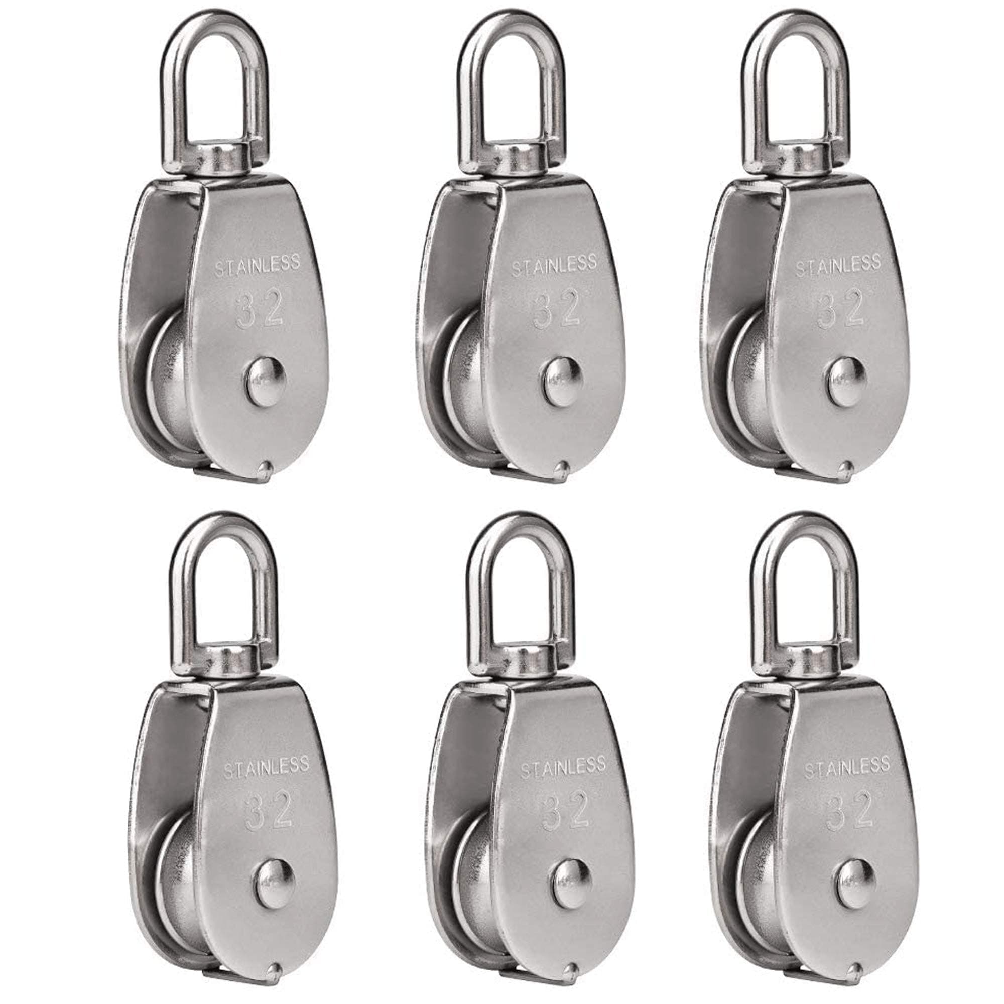 6 Pack M32 Lifting Single Pulley Roller Loading 551Ibs, 304 Stainless Steel Heavy Duty Single Wheel Swivel Lifting Rope Pulley Block