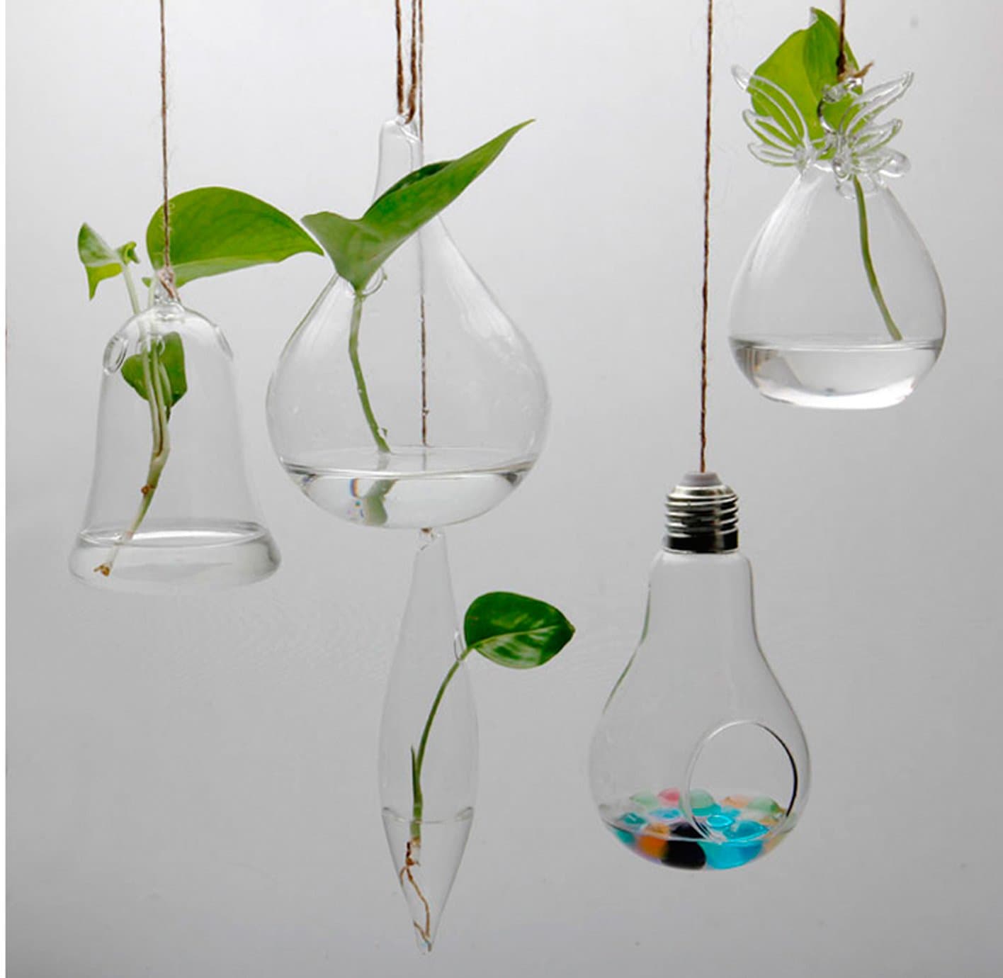 Set of 5 Clear Hanging Glass Angle Bulb Shape etc. Air Plant Vase Home Office Wedding Christmas Deco