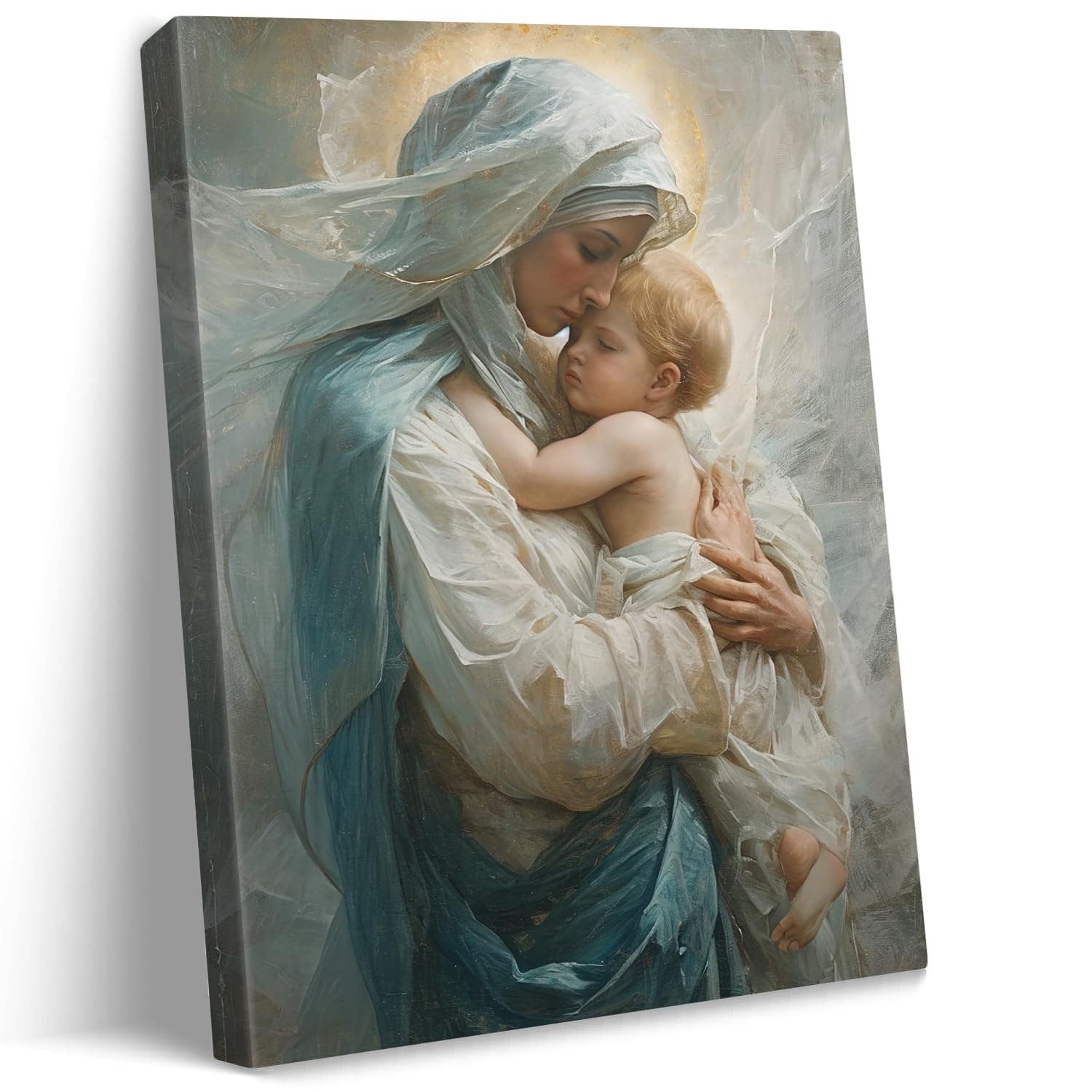 vandlife Virgin Mary Canvas Print Baby Jesus Nestled in Warm Embrace of Mother Painting Divine Maternal Love Wall Art Religious Christian Decor for Home Living Room Bedroom 18x24in