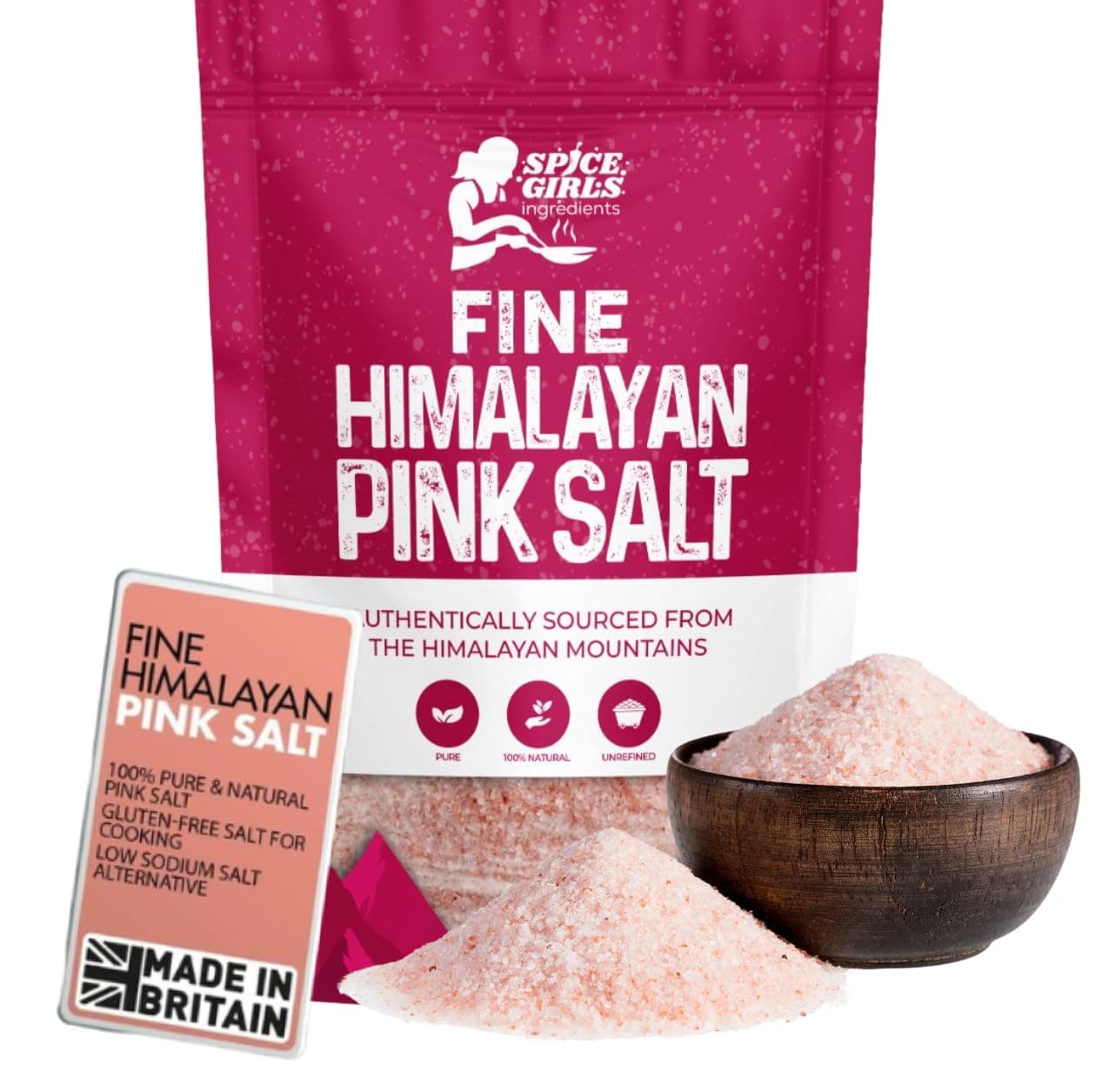 Spice Girls Ingredients Premium Himalayan Pink Salt - 100% Natural & Unrefined | Fine Grade for Cooking, Seasoning, Grinder & Good Health | Rich in Minerals | Resealable Pouch | Gluten-Free (500g)