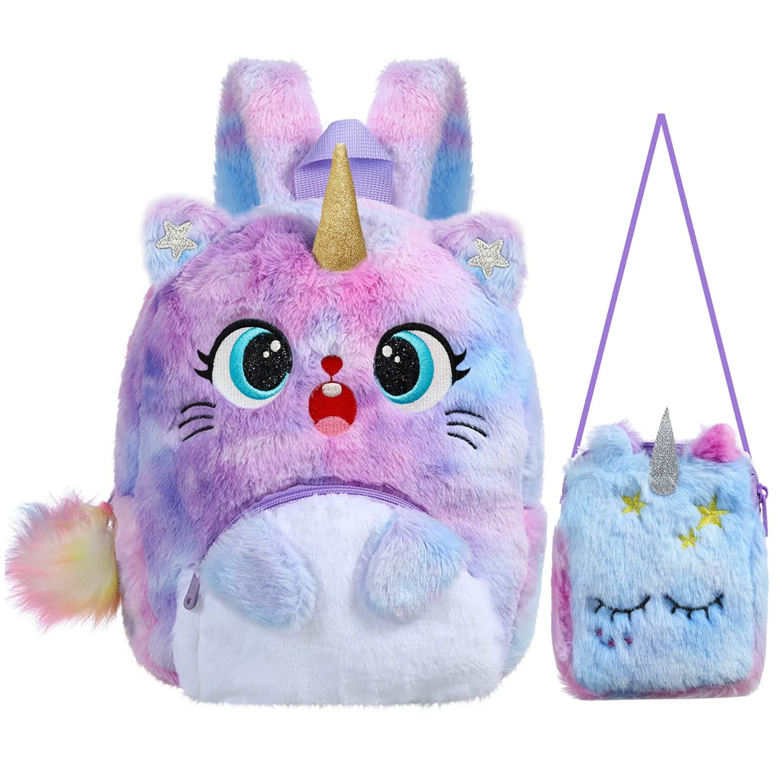 2Pcs Cat Backpack Purse Set, Kawaii Cute Colorful Kitty Shoulder Bag Gift for Toddler Girls Kids