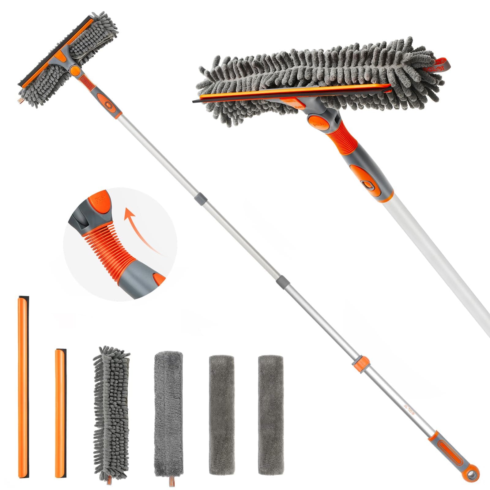 Eazer 2-in-1 Window Cleaning Equipment, Telescopic Window Cleaner Tool with Silicone Squeegee & Microfiber Scrubber, 163CM(64IN) Window Squeegee, Window Cleaning Kit with Rotatable Bendable Head