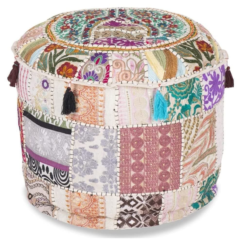 Aakriti Gallery Indian Pouf Footstool Ethnic Embroidered Pouf Cover, Indian Cotton Round Pouffe Ottoman Pouf Cover Pillow Ethnic Decor Art - Cover Only (White, 22x14)