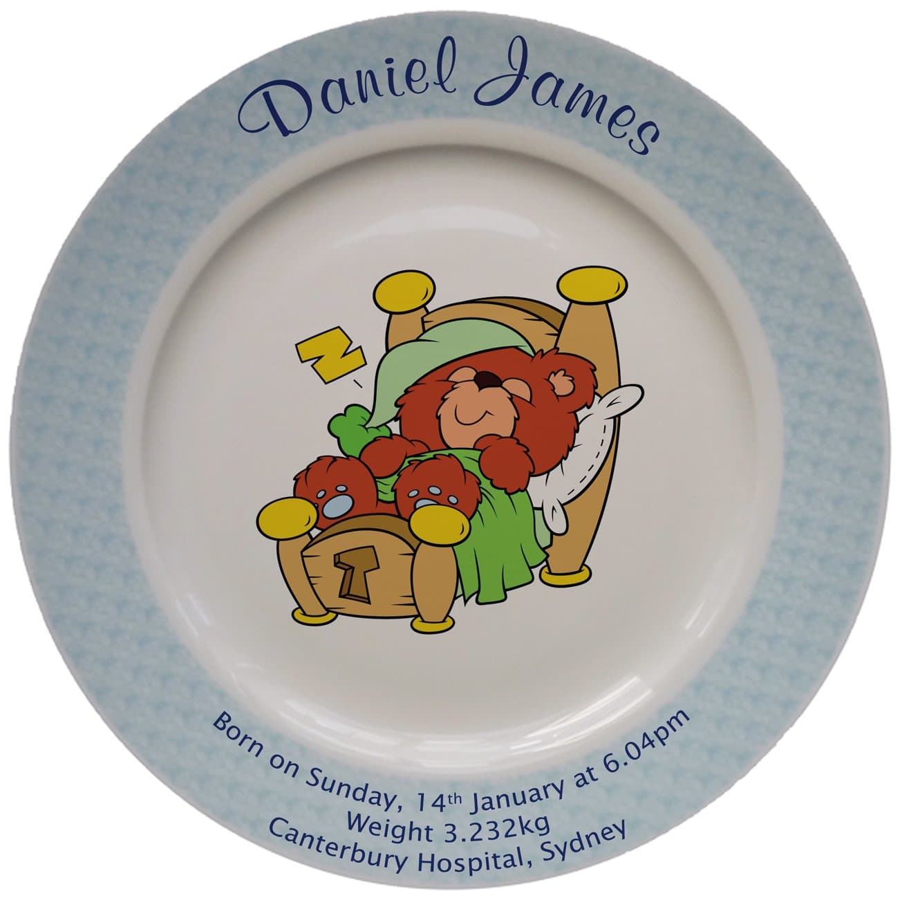 Personalised Baby Birth Plate - Bear in Bed Design on a Plate with a Blue Rim