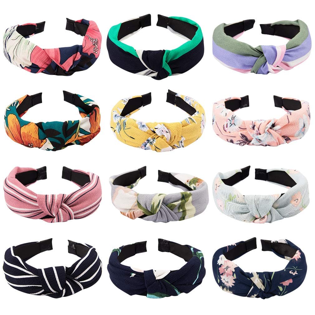 Canitor 12 Pack Knotted Headbands for Women Floral Twist Turban Knot Headbands for Women Black Headbands for Women Cute Headbands Hair Accessories for Women, 12 Colors