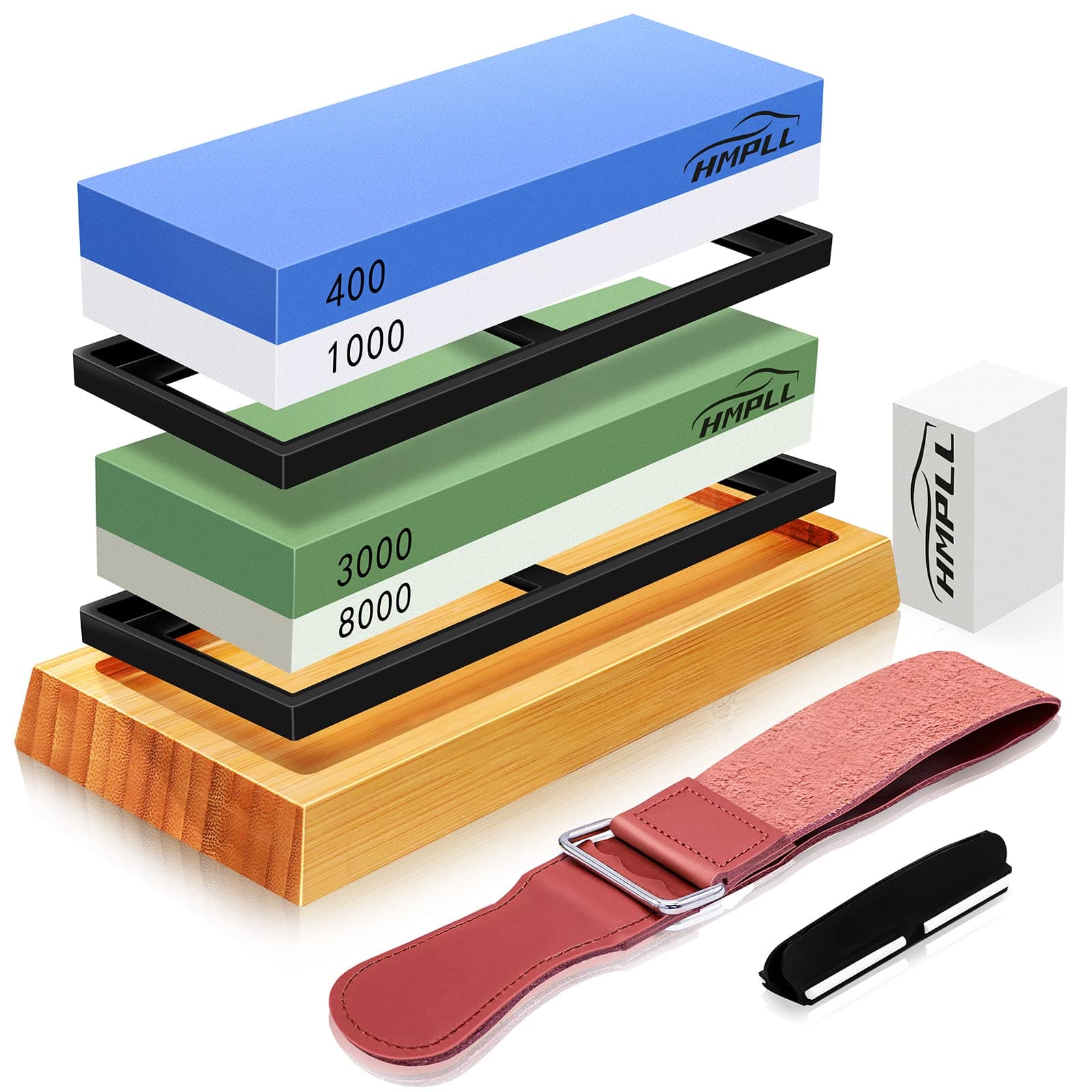 Knife Sharpening Stone Set, Professional Whetstone 4 Side Grit 400/1000 3000/8000, Whetstone Knife Sharpener Stone Set Include Non-slip Bamboo Base, Leather Strop, Flattening Stone & Angle Guide