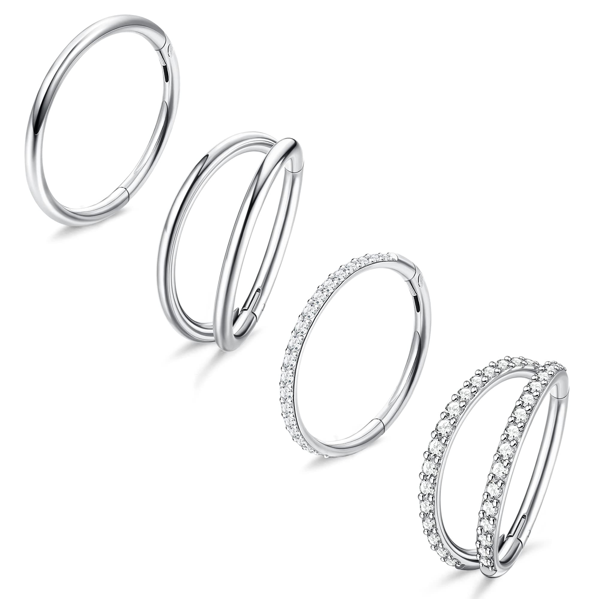4PCS 18G Nose Rings Hoops, Surgical Steel Earrings Tragus Septum Piercing CZ Clicker Ring, Hinged Segment Conch Lip Cartilage Double Hoops 8mm 10mm for Women Men