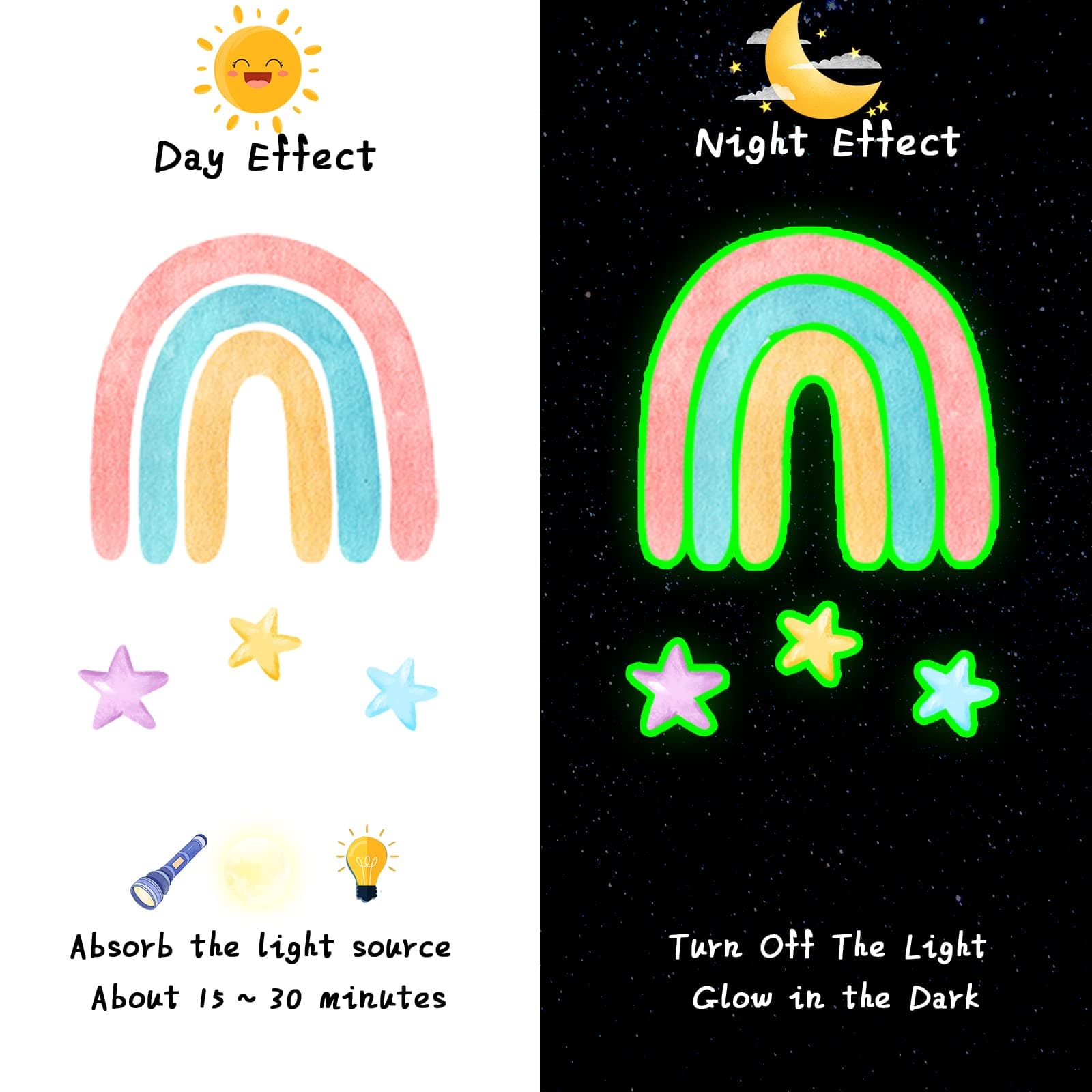 Epakh Rainbow Wall Decor Stickers Small Rainbow Wall Decal Watercolor Rainbow Heart Sun Star Wall Stickers for Girls Boys Baby Bedroom Nursery Wall Decor (Luminous Green Style)