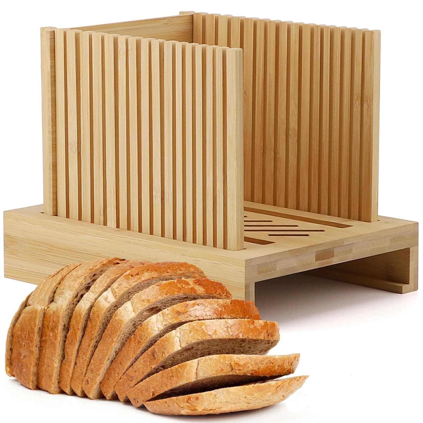 Bamboo Bread Slicer for Homemade Bread, Adjustable Width Bread Slicing Guides with Sturdy Wooden Cutting Board, Compact and Foldable - Makes Cutting Bagels or Even Bread Slices Easy