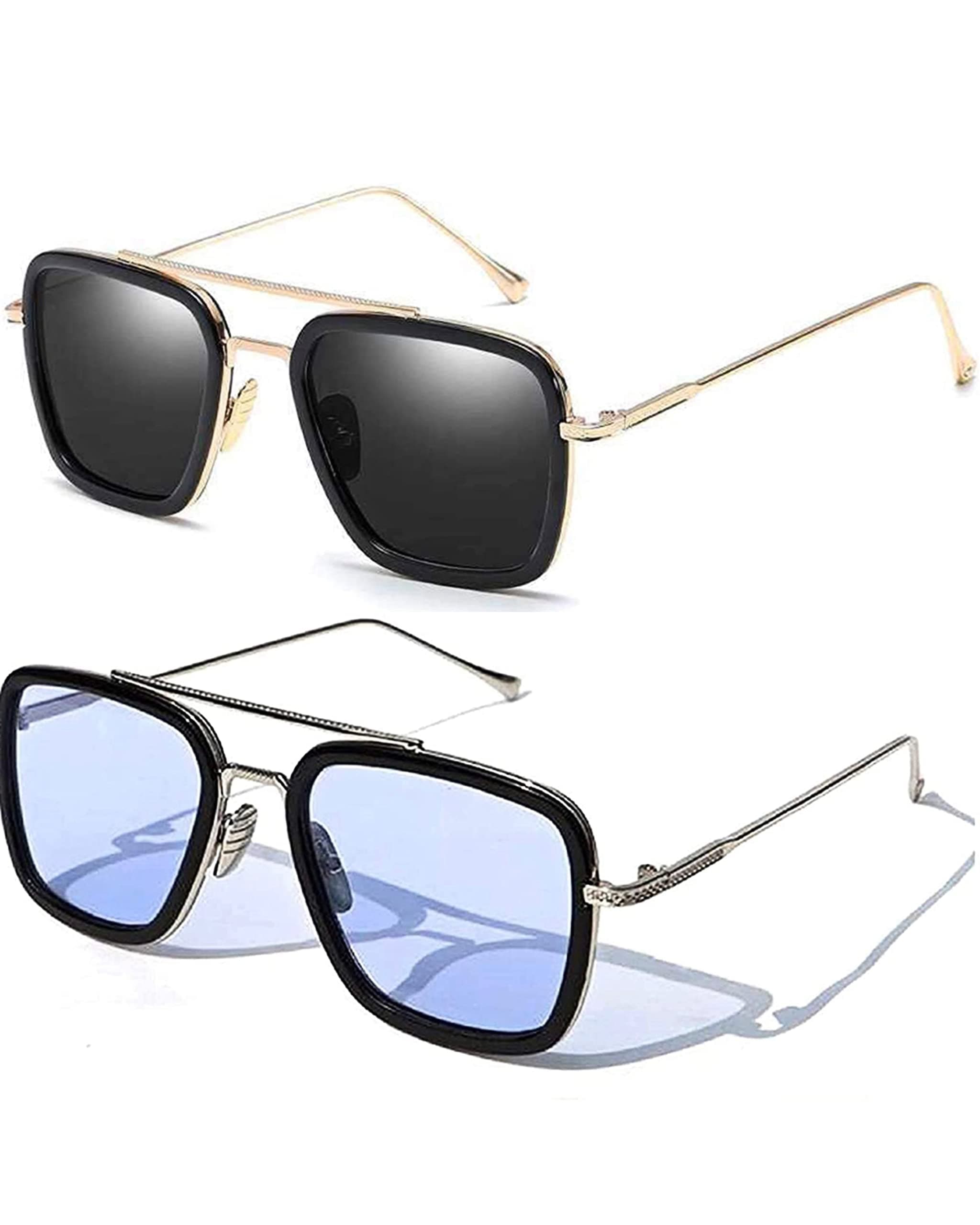 ARICKS Tony Stark Sunglasses Vintage Square Metal Frame Eyeglasses for Men Women - Iron Man and Edith Sun Glasses, Black & Blue, M