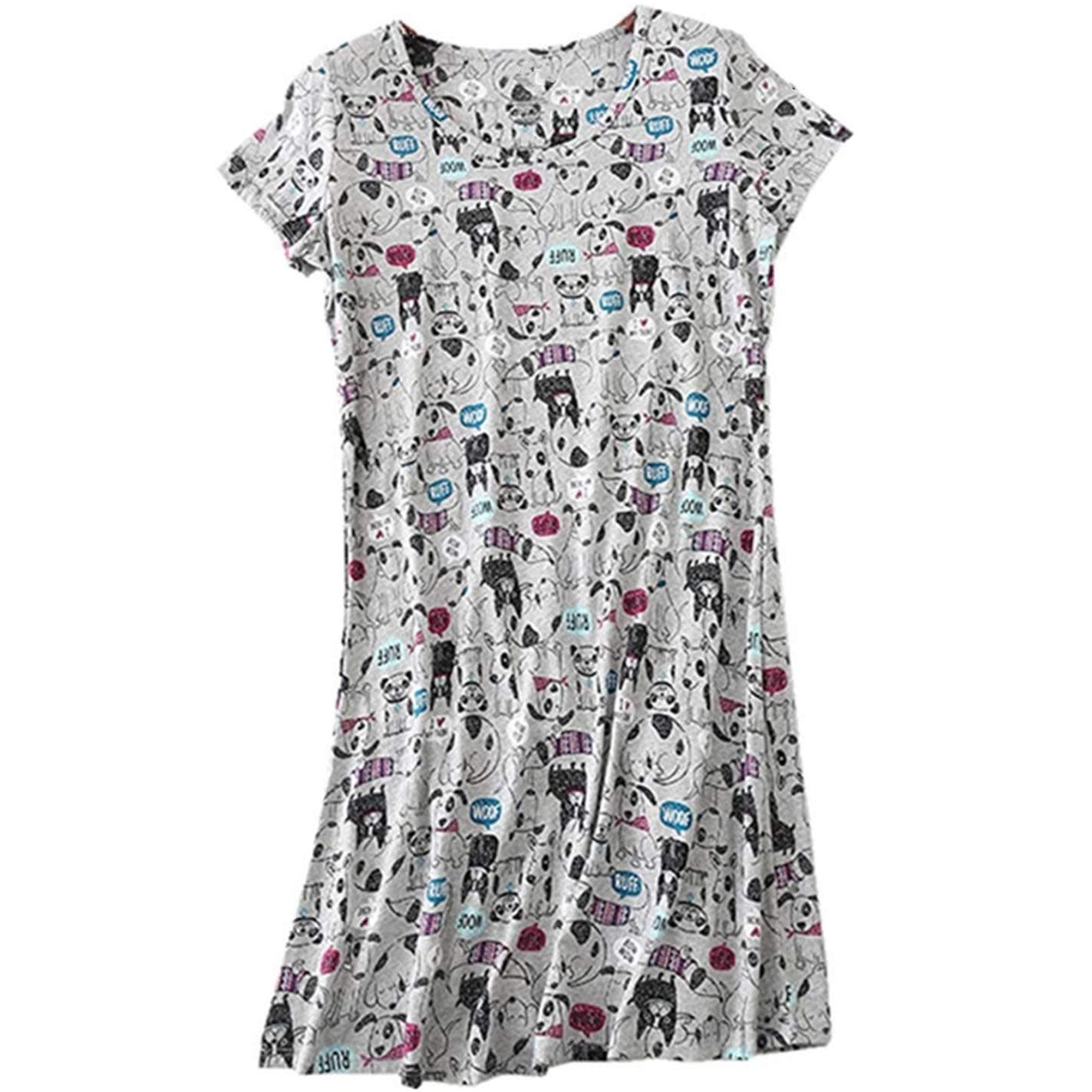 PNAEONG Women's Cotton Nightgown Sleepwear Short Sleeves Shirt Casual Print Sleepdress