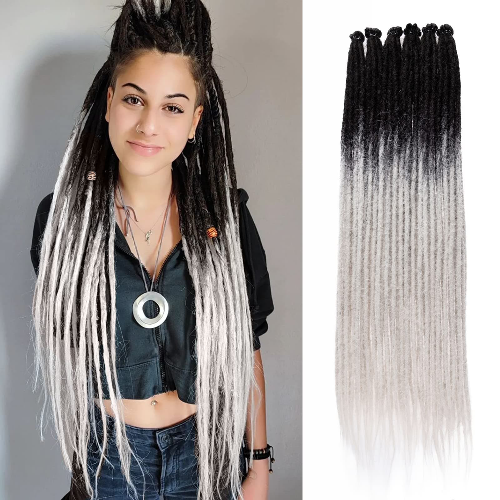 Leeven 0.6 cm Width Handmade Dreadlock Extensions 24 Inch Ombre Grey Single Ended Dreads 20 Strands Synthetic Crochet Hair Soft Loc Extensions for Women Men