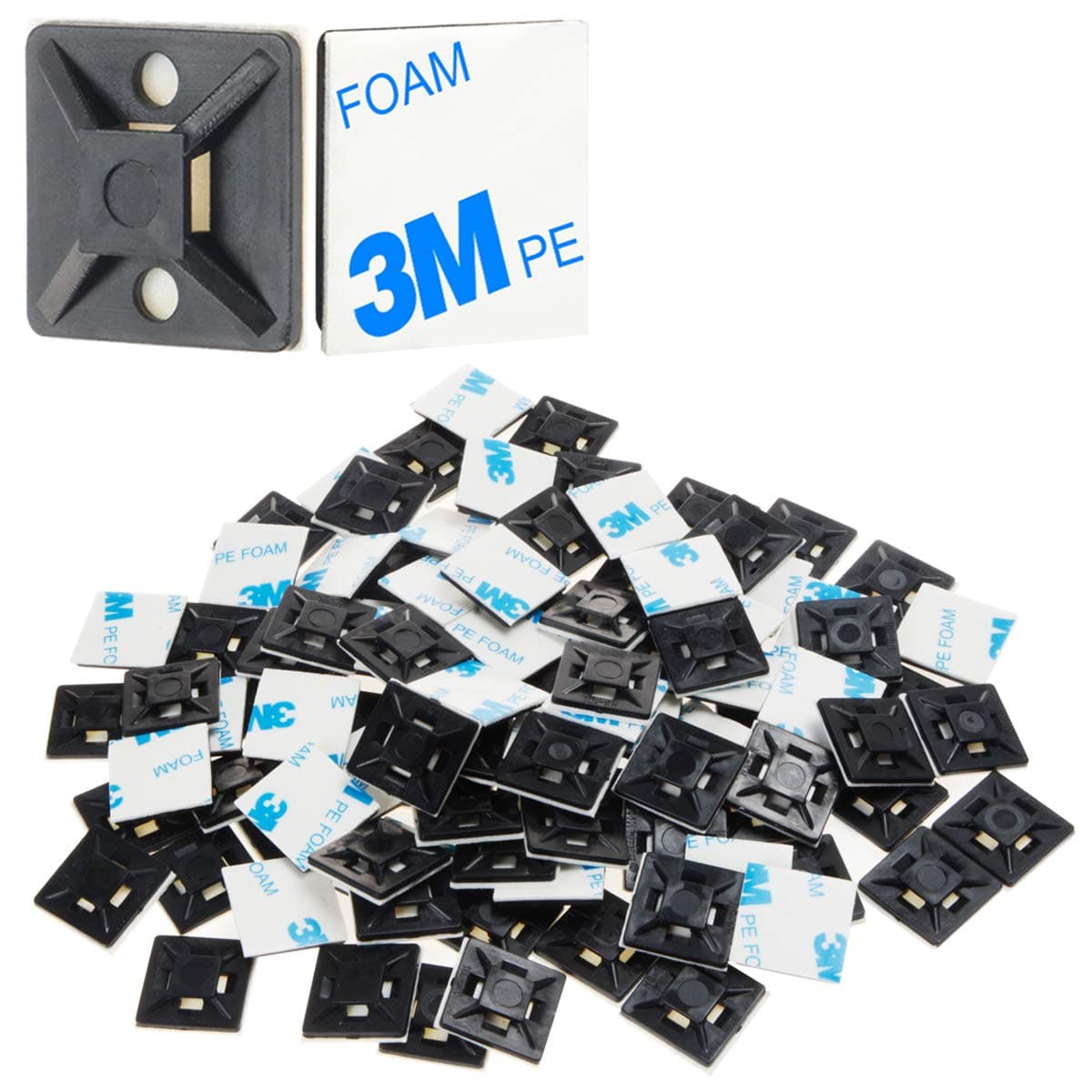 XHF 100 PCS 3/4" Black Self Adhesive Cable Zip Tie Mounts Wire Cable Clips Holders Management Anchors Organizer Holders Squares(HS-101S)