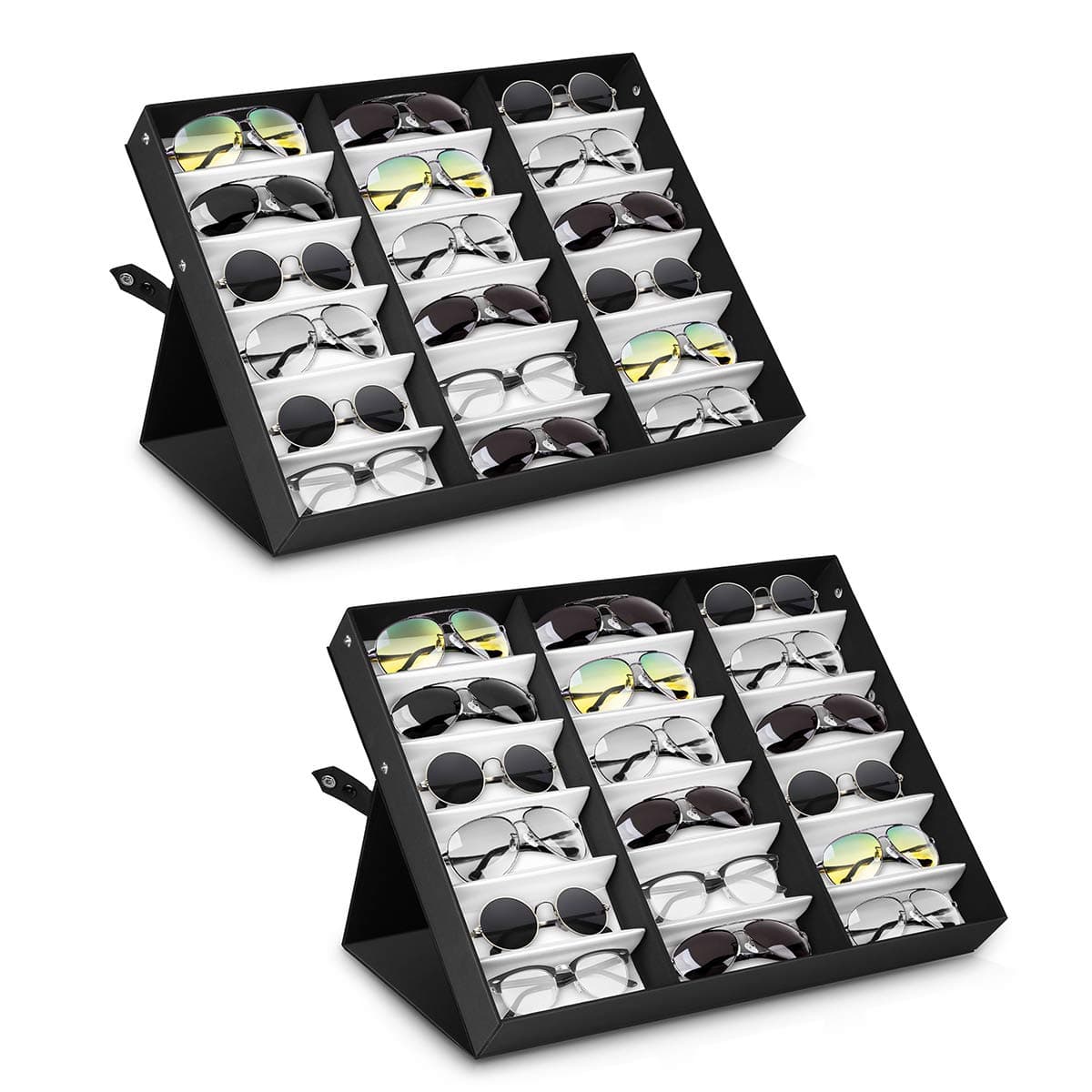 jiffordwindJiffordwind 18 Slot Polyester Silk Lining Sunglasses Display Case Sunglass Eyewear Display Storage Case Tray Jewelry Watches Organizer Box with Stand Function (2 Pack)