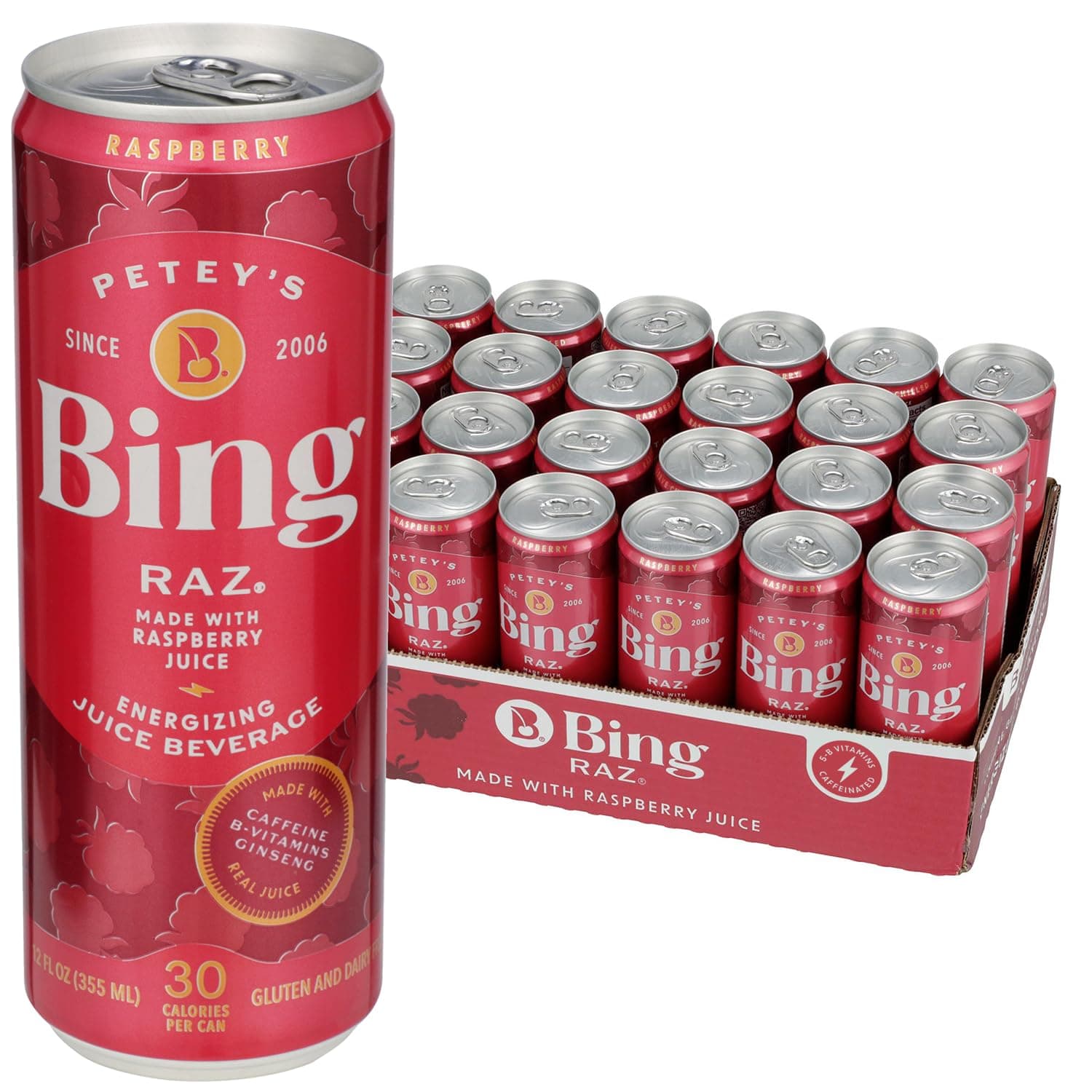 BingRAZ Energizing Juice Beverage – Raspberry (12oz/24pk) – Made with REAL Juice! Only 1g added Sugar, Low Calorie, 5 B-Vitamins & Ginseng; 100mg Caffeine; Vegan, Gluten + Dairy Free. DELICIOUS