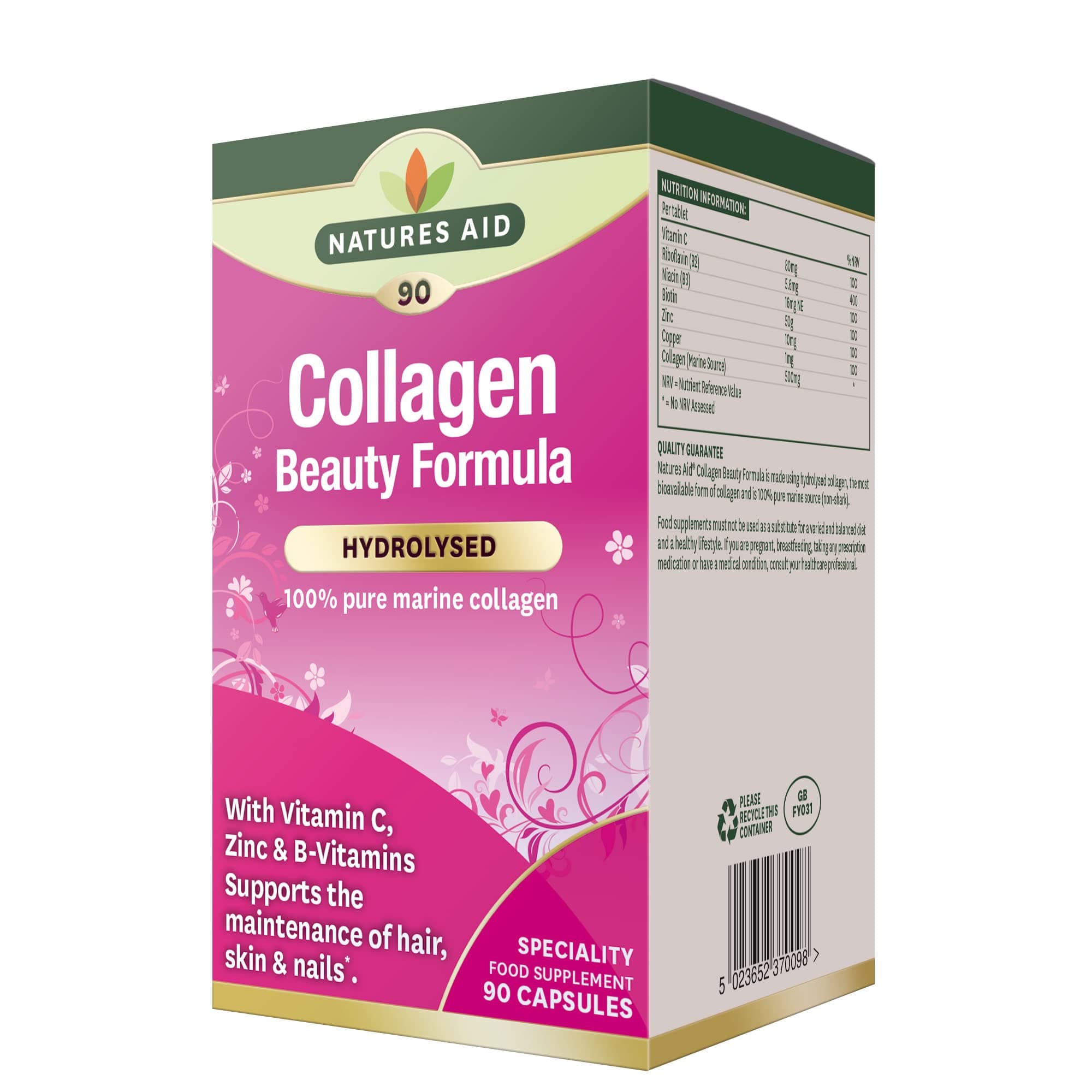 Natures Aid Collagen Beauty Formula – Marine Collagen with Vitamin C, Zinc, Biotin & B Vitamins – Supports Skin, Hair & Nail Health – High Strength Natural Supplement – 90 Capsules