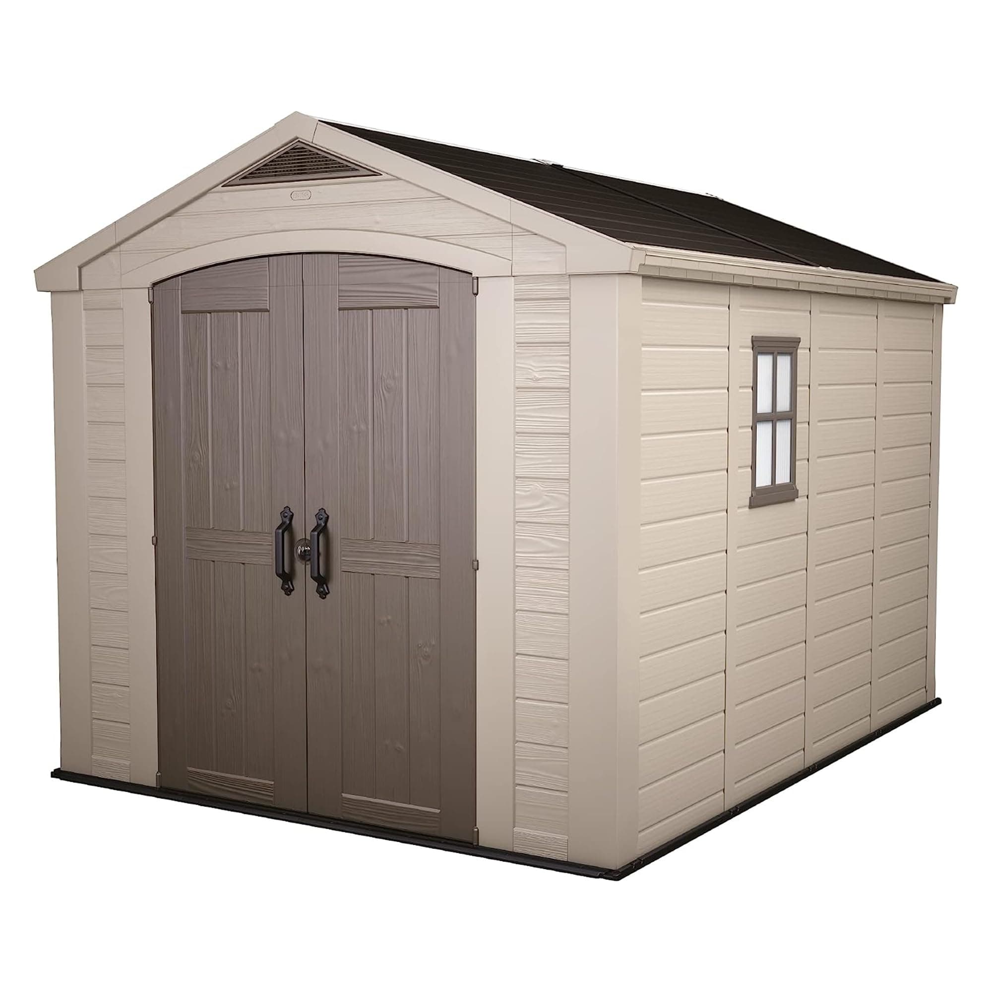 Keter Factor 8 x 11 Foot All Weather Resin Outdoor Storage Shed with 2 Shelves Included and Built-in Ventilation for Backyard Organization, Taupe
