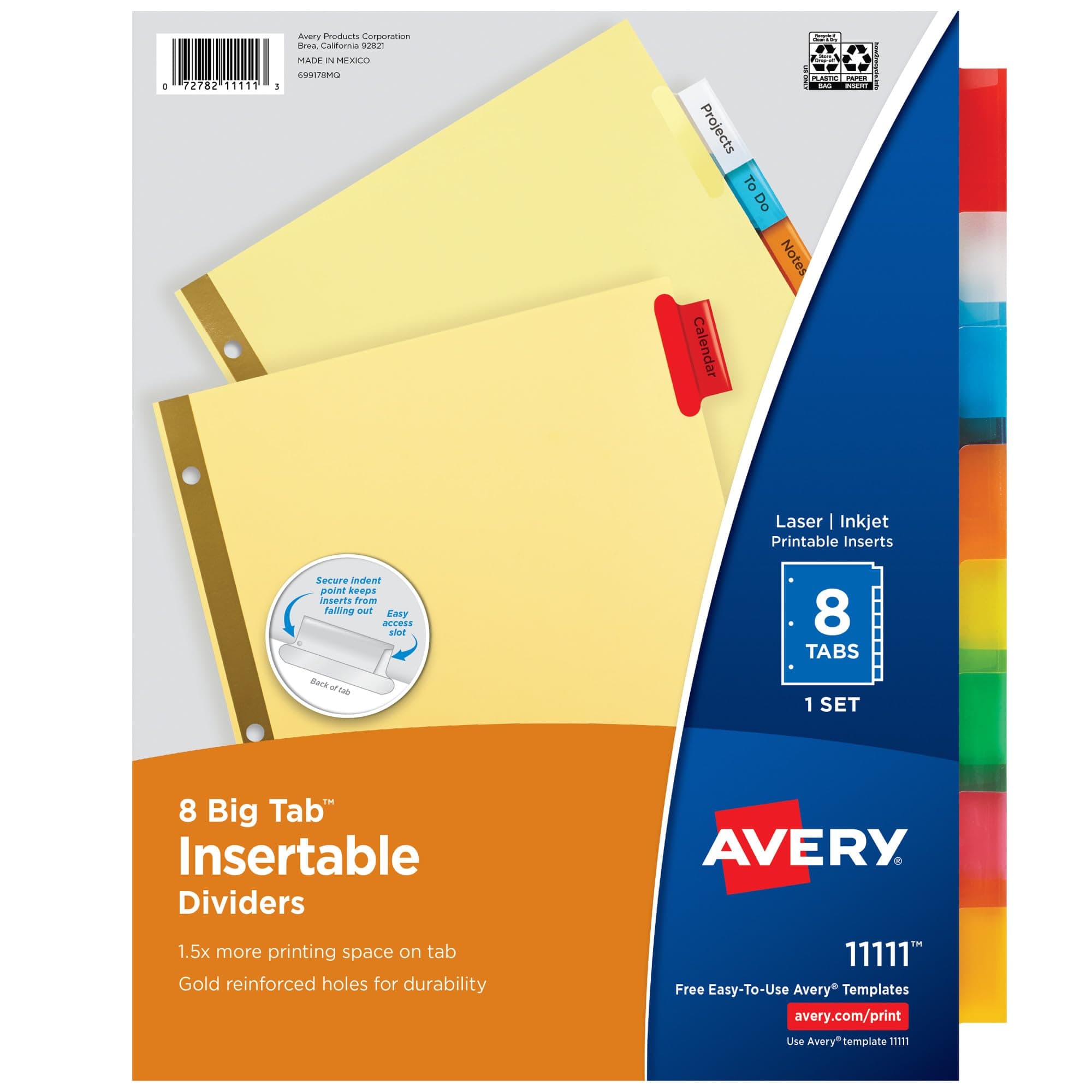 Insertable Dividers for 3 Ring Binders, 8 Tabs per Set, Multicolor Big Tabs, Buff Paper with Gold-Reinforced Holes, Great for Organizing Reports, Projects, and More (11111)