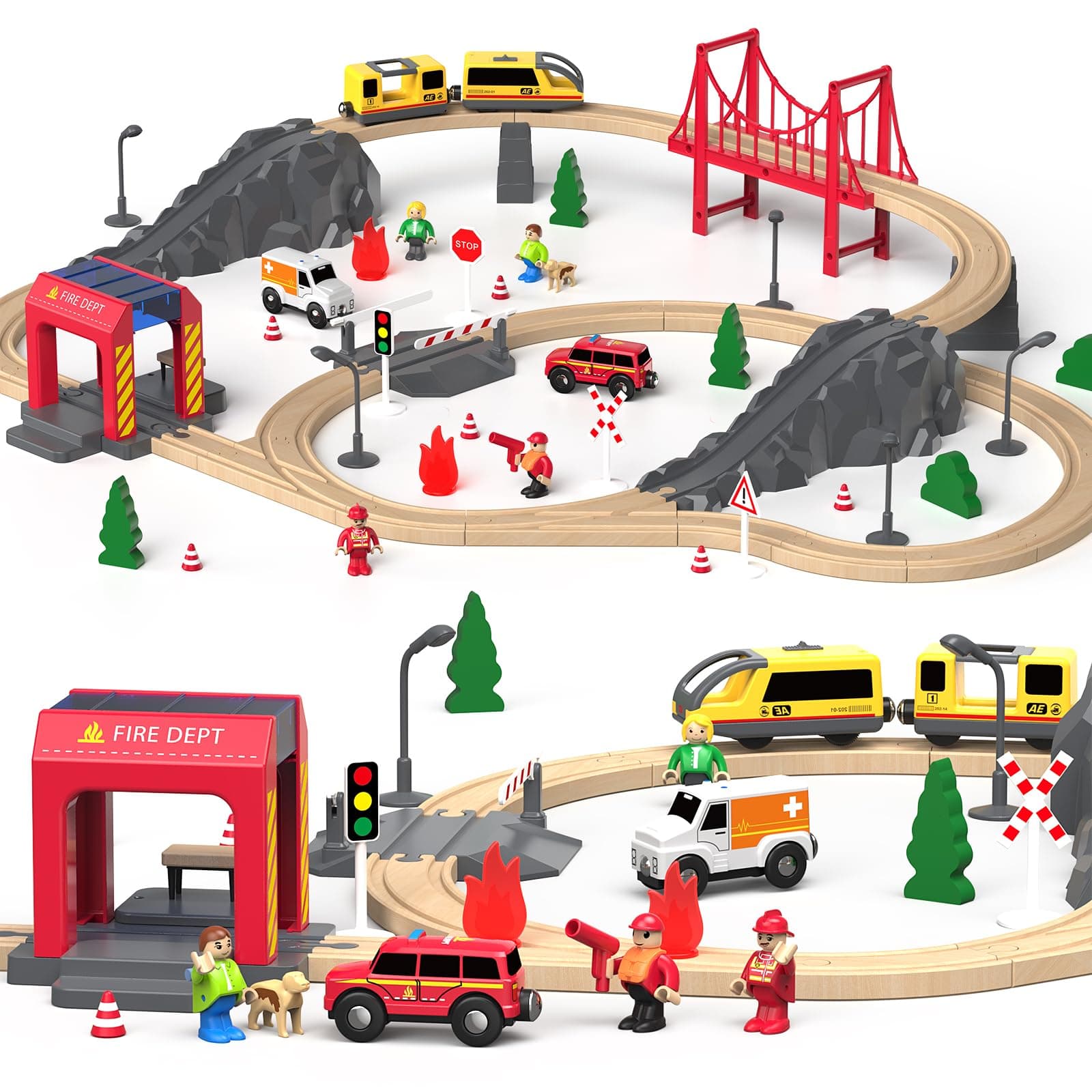 Wooden Train Set 72 PCS, Wooden Train Tracks & Train Toys, Toddler Model Train Set, Toy Railway Kit for Kids Age 3 4 5 Year Old, Gifts for Boys and Girls (Fire Station Theme)