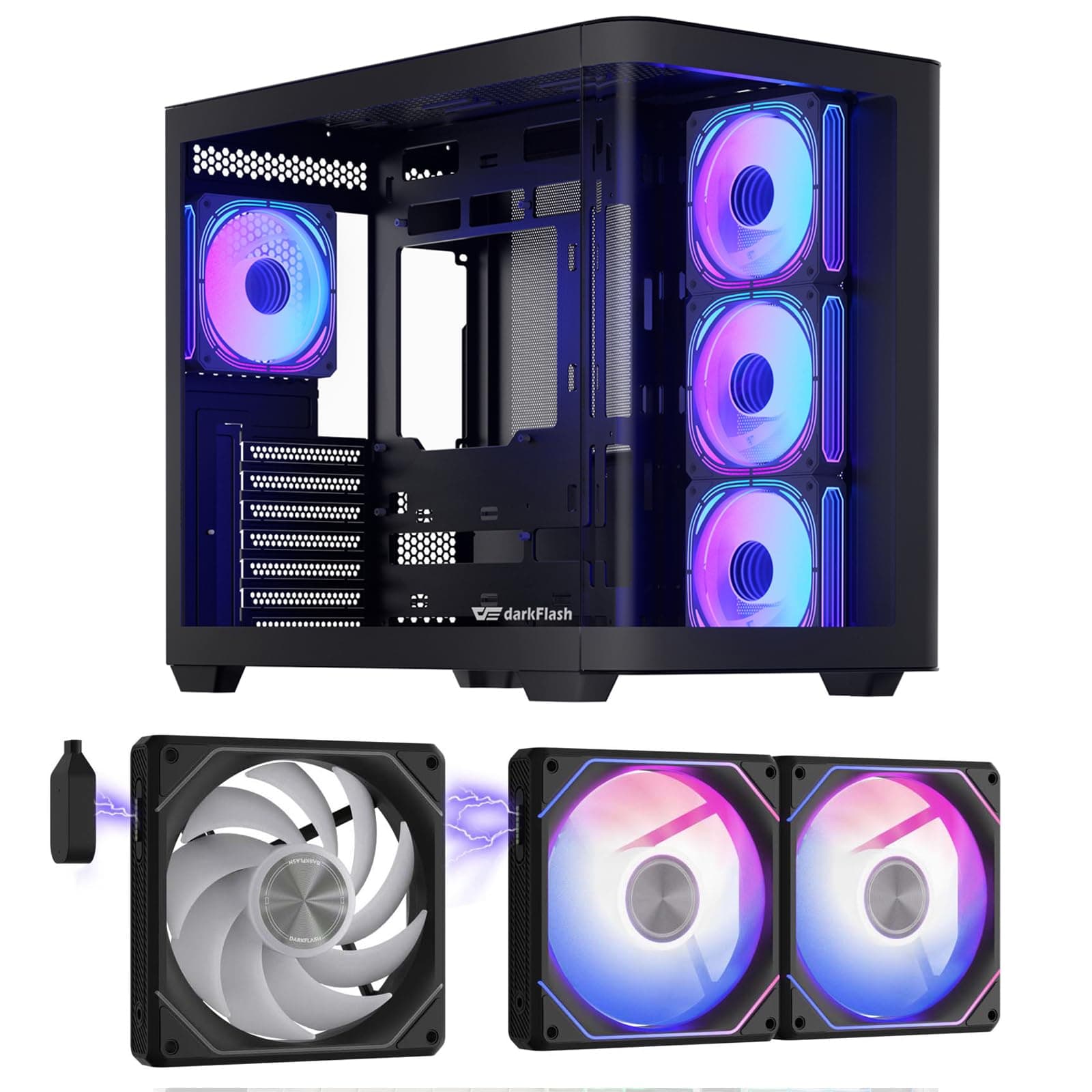 darkFlash DPW90 ATX Full View Curved Glass BTF PC Case+4 Pcs Infinity Mirror ARGB Fans & G24 3 Pack 120MM Magnetic ARGB PWM PC Case Fans(Black)