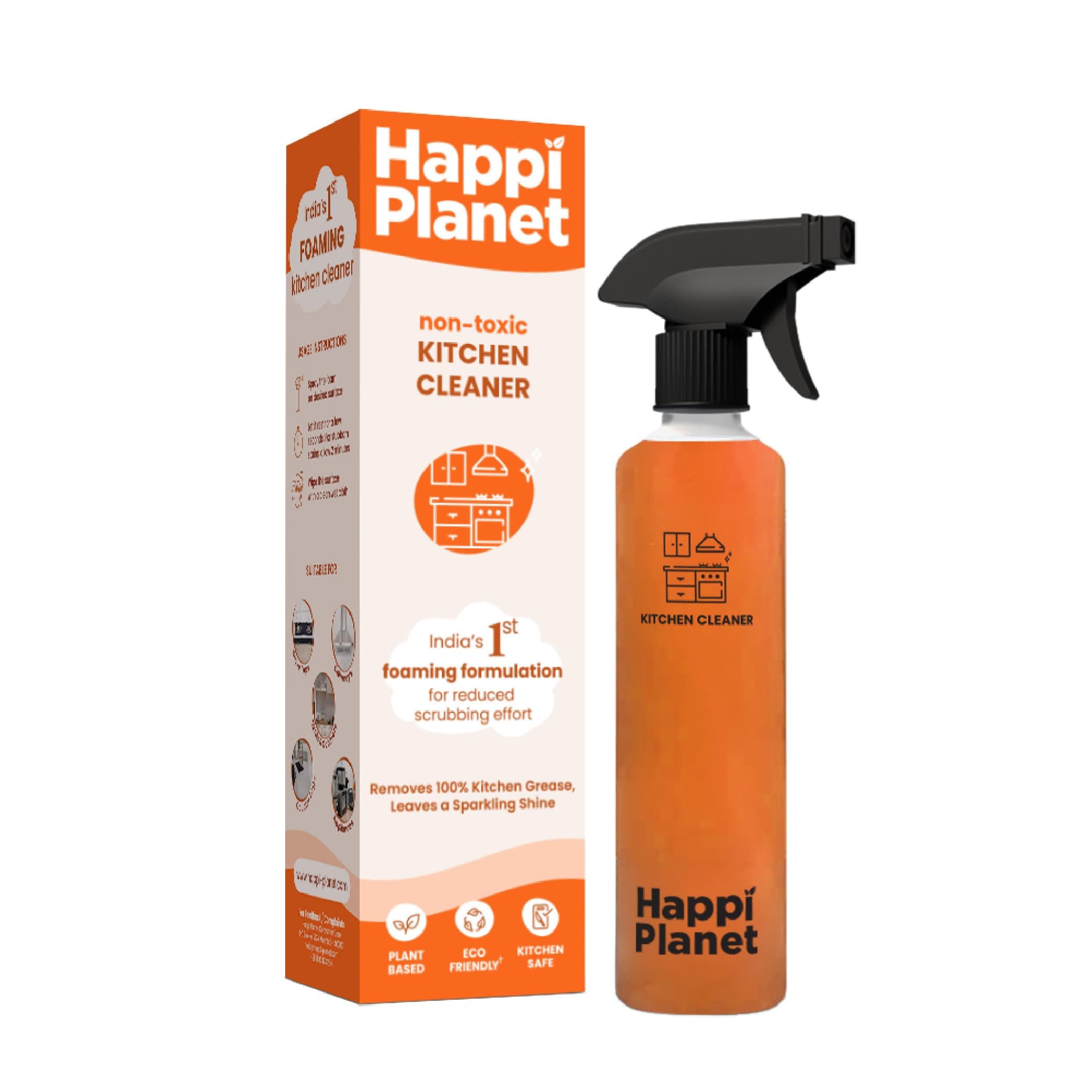 Happi Planet | Kitchen Cleaner | India's First Foaming Formula Less Scrubbing | 500ml | Great for Stoves, Chimneys, Countertops, Appliances, Walls and Cabinets | Non-Toxic & Natural