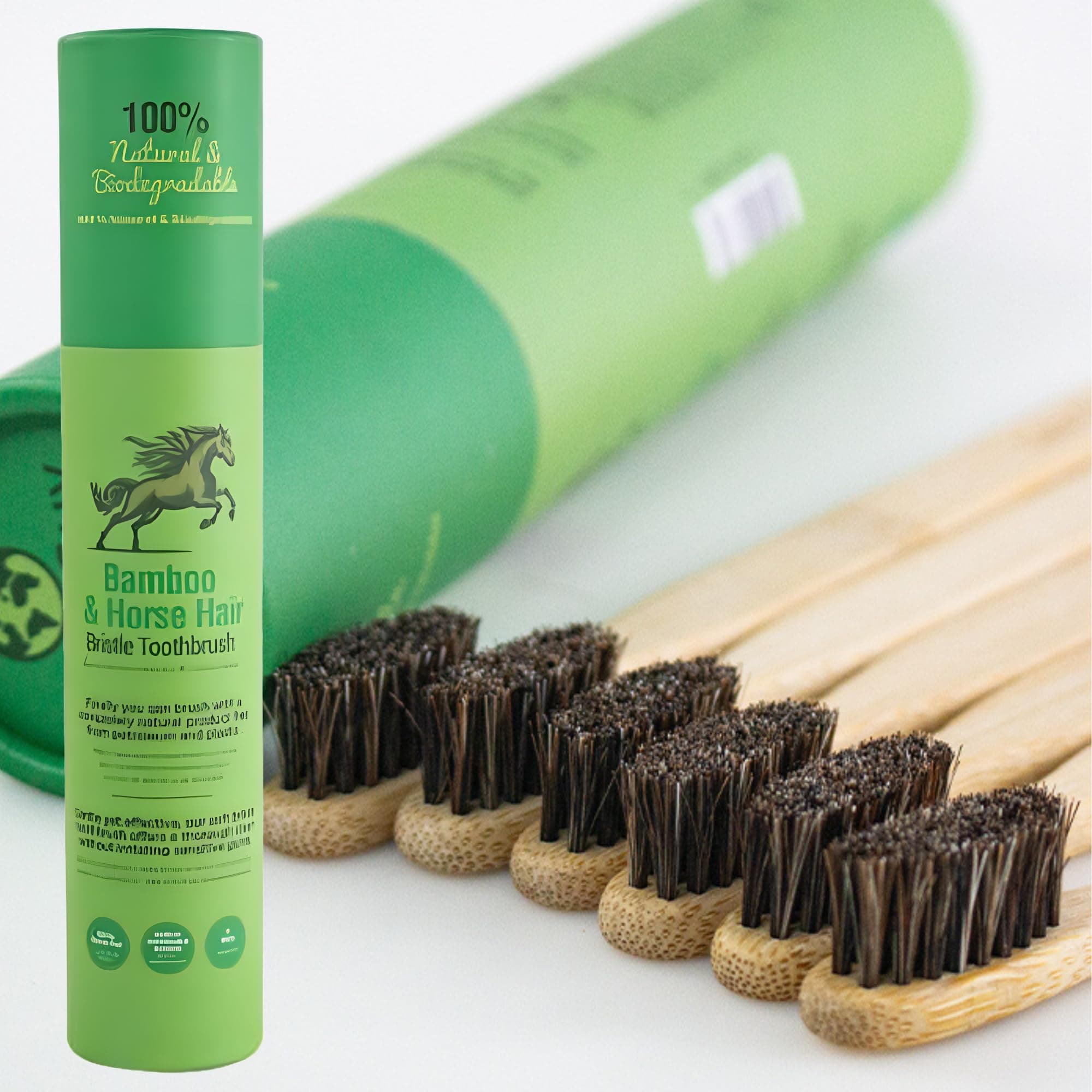 Soft Natural Bristle Bamboo Toothbrush (NO Nylon - Horsehair ONLY) - Totally Compostable & Biodegradable Soft Horse Hair Bristle and Bamboo Toothbrushes - Zero Waste - 6-Pack