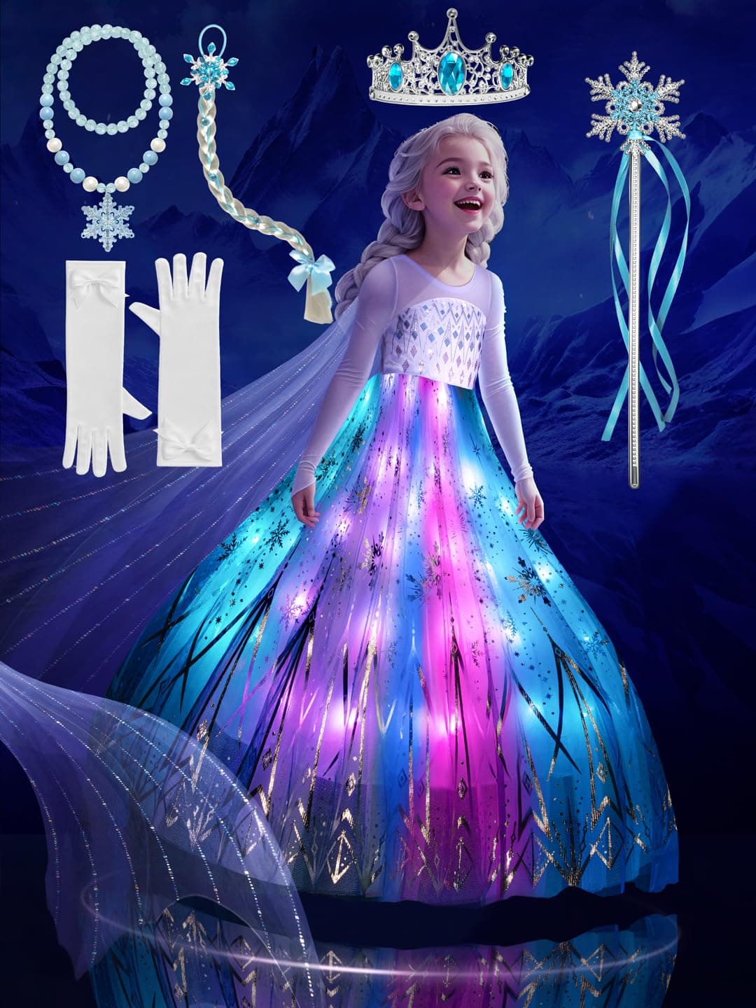 Princess Costume for Girls, RGB LED Light Up Syncs Music App Control, Toddler Princess Dress Up Halloween Costume