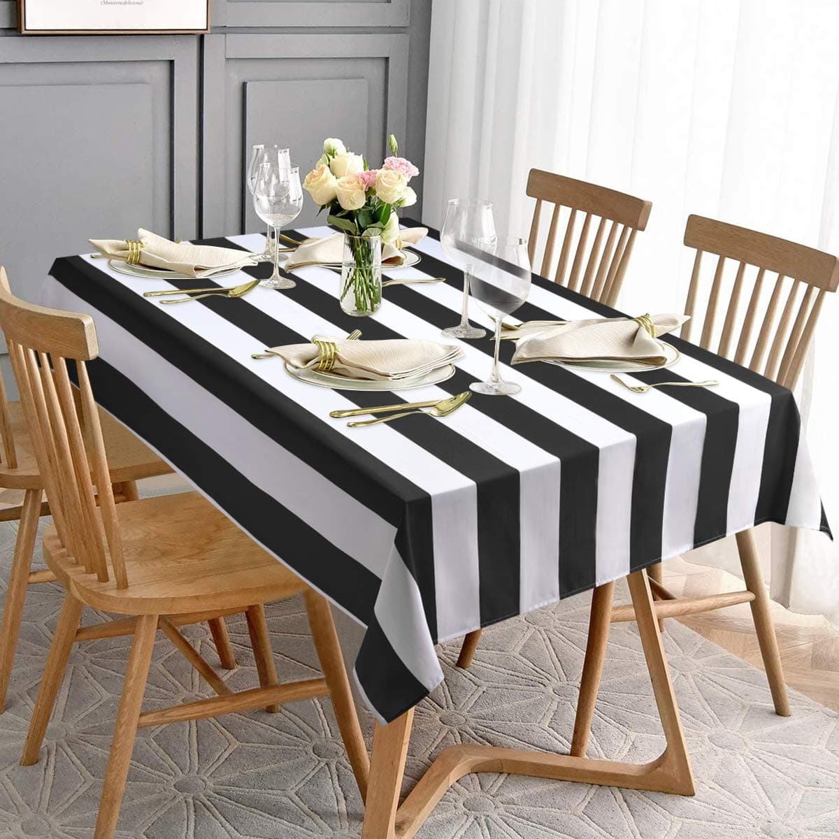 ASPMIZ Black and White Striped Tablecloth for Rectangle Tables, Geometric Stripe Waterproof Table Cloth for Kitchen Dining Room, Polyester Tablecloth Rectangle 60” x 120”