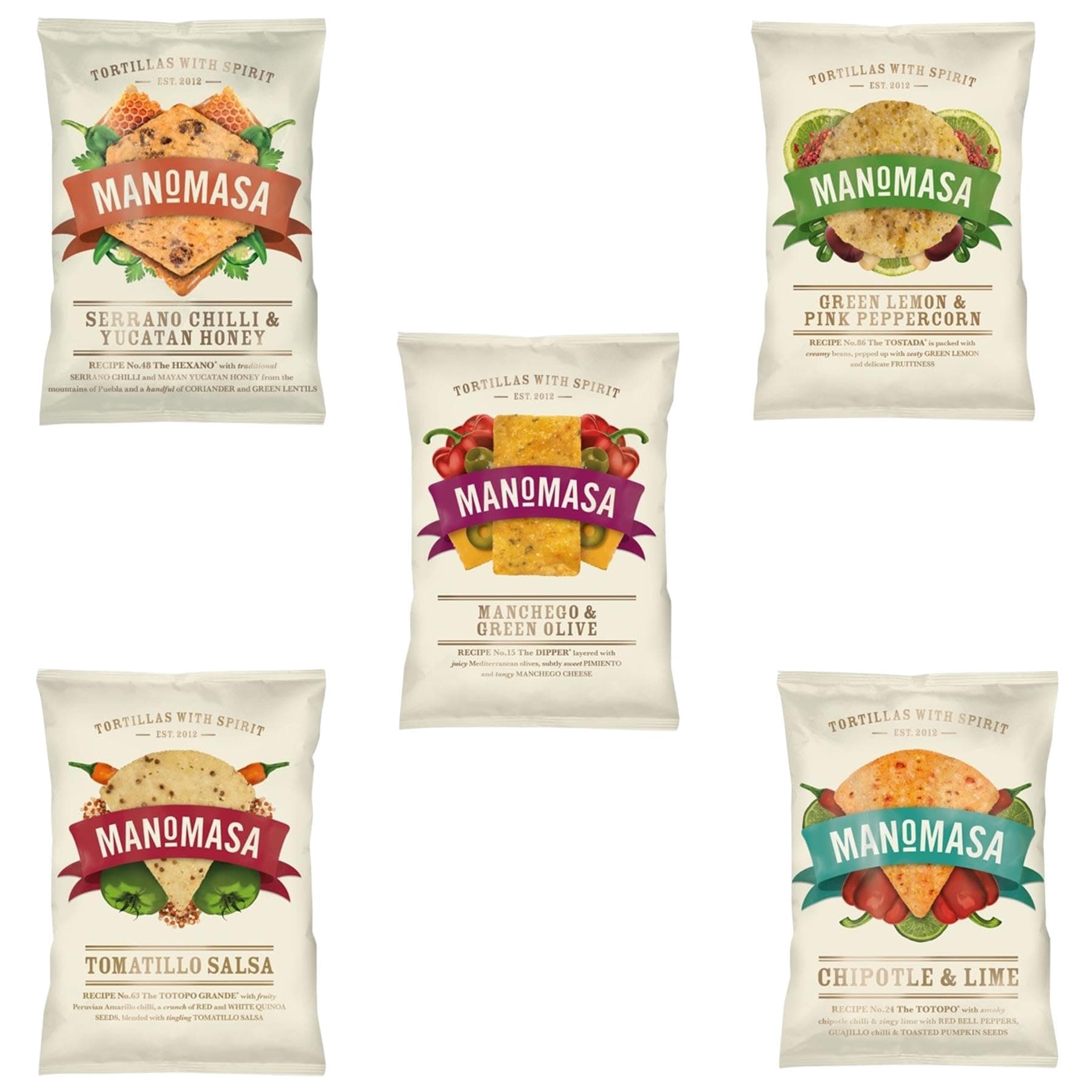 Manomasa Tortilla Chip Pick N Mix - Choose From 5 Flavours | Manchego & Green Olive & Lemon, Serrano Chilli & Yucatan Honey, Tomatillo Salsa, Chipotle Lime Tortillas with Spirit - Pack of 5 x 140g
