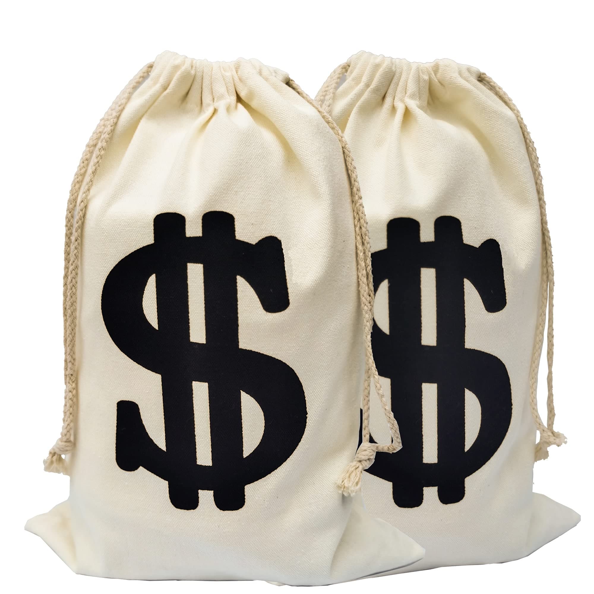 2 Pack Money Bags, 11.8 x 15.7 Inches, Canvas, Drawstring Closure, Dollar Sign Design, Bank Robber Pirate Cowboy Cosplay, Party Decor, Gift Bags, Props