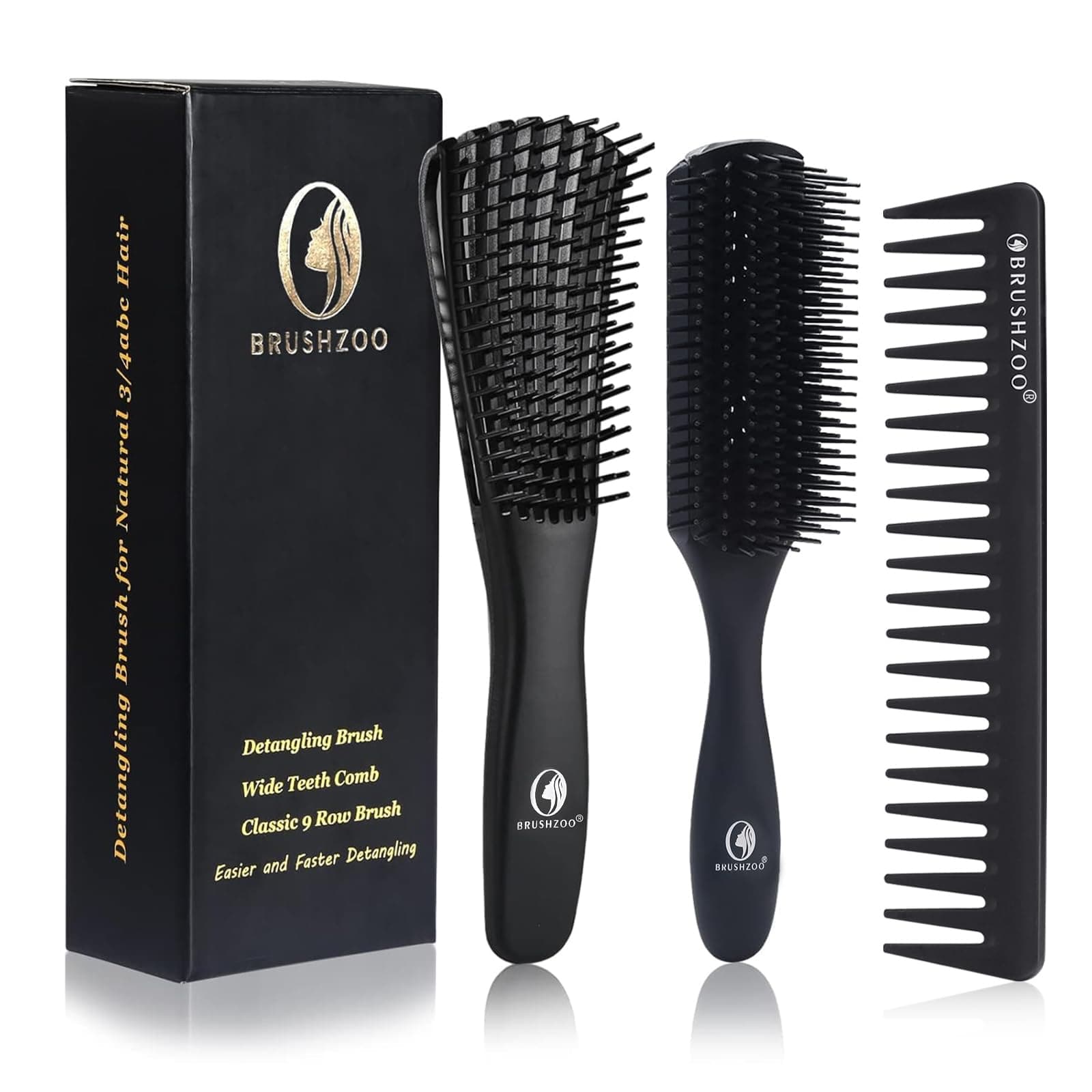 BRUSHZOO Hair Brush Set, Detangler Brush for Women Men Kid Detangling Styling Massaging, Curly Hair Brush for 3/4abc Wet Dry Hair (Black)