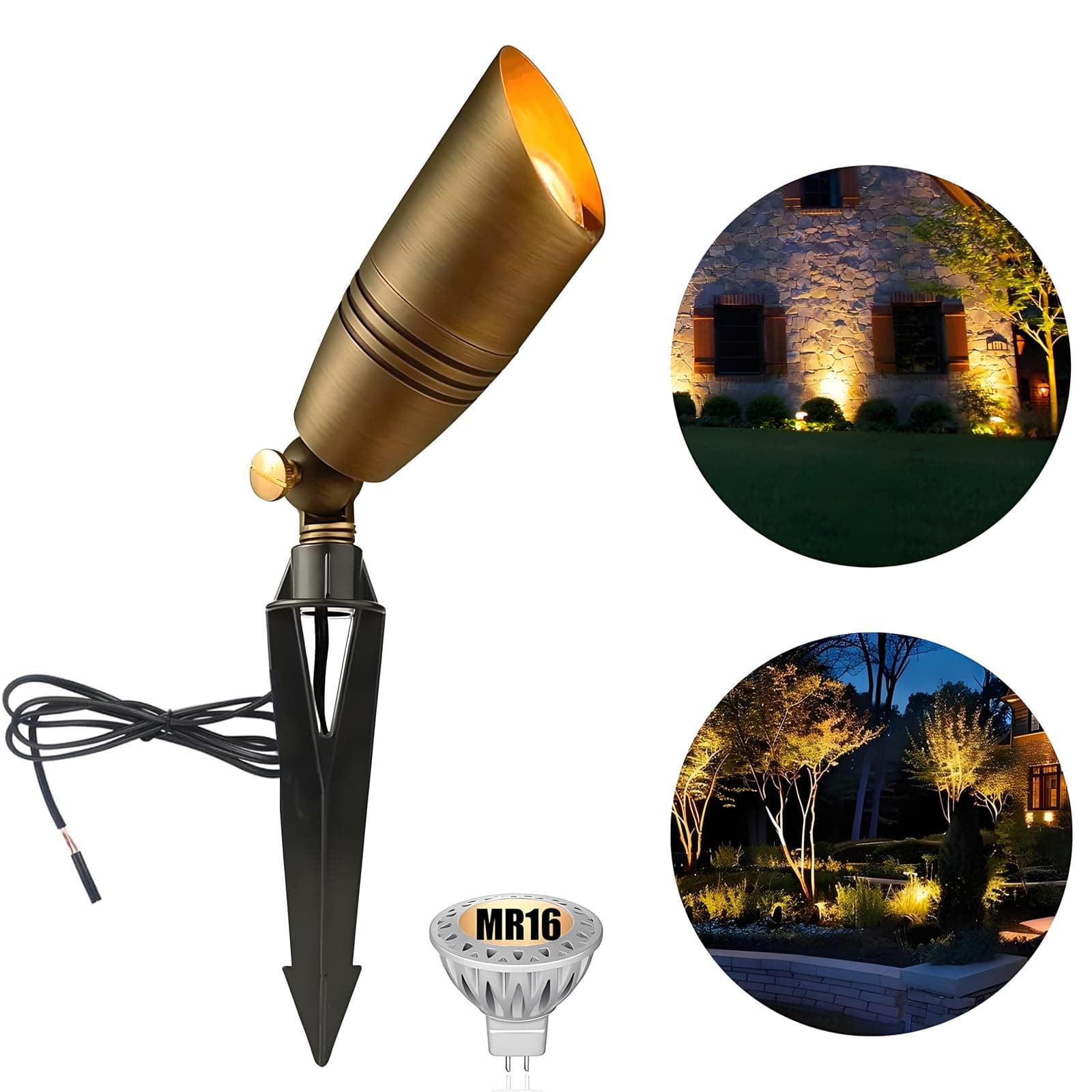 Makergroup LED Brass Spotlight Uplight 12V Low Voltage Landscape Outdoor Lighting Waterproof Solid Brass Uplight Spotlight Accent Lighting Fixture Included a 12V Warm White MR16 LED Light Bulb