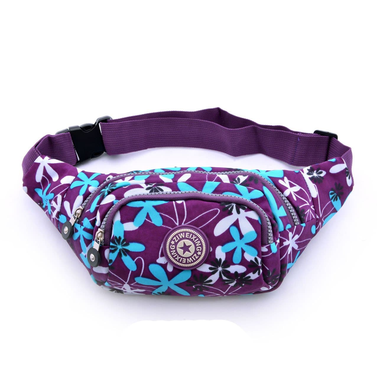 MedifierWomen's Portable Outdoor Sport Hiking Waist Pack Bum Bag Travel Pouch Waist Pocket (Purple with blue leaves)
