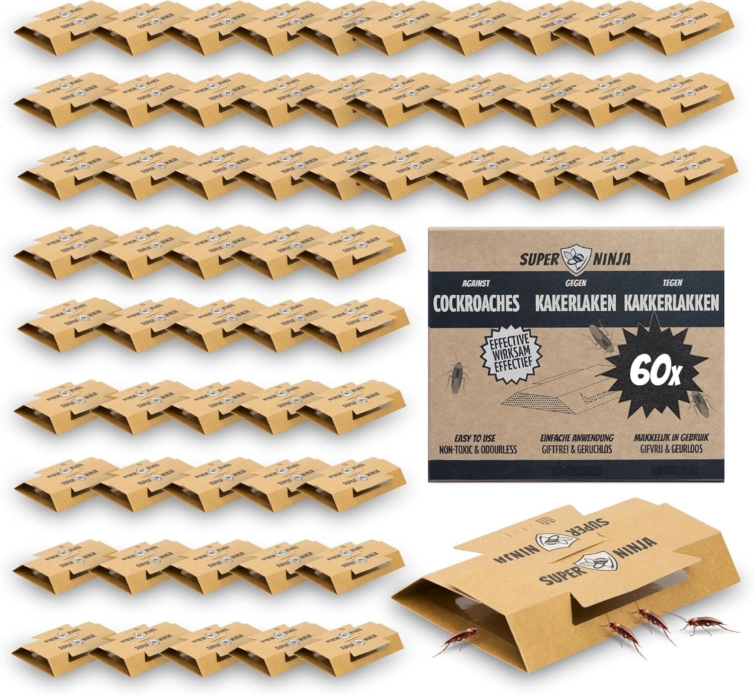 Super Ninja Roach Traps Indoor – 60 Pack, Roach Killer Indoor Infestation Control, Safe & Toxin-Free Cockroach Trap with Food Attractant, Nature-Friendly Pest Solution for Home, Garage & Shed