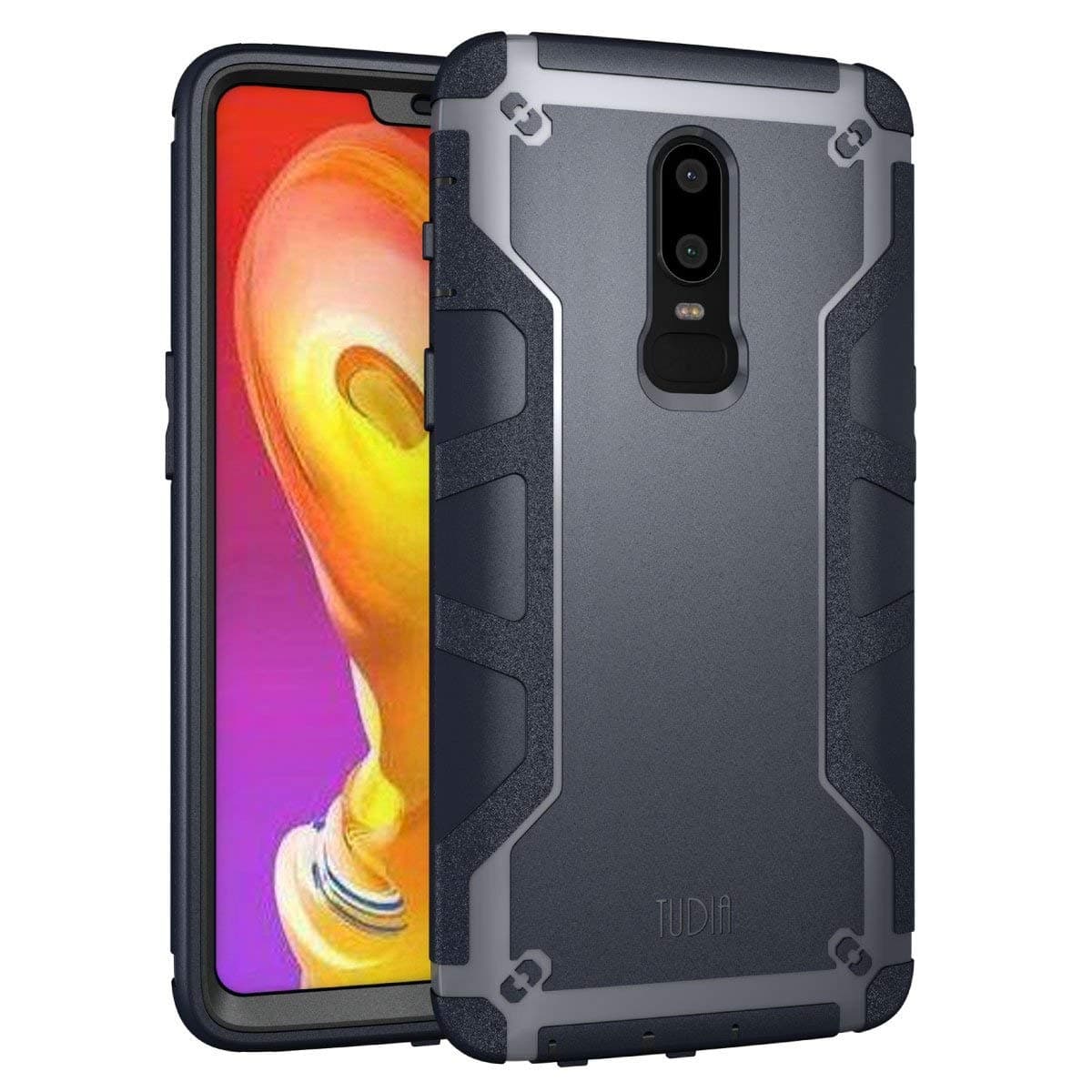 TUDIA OnePlus 6 Case, OMNIX [Heavy Duty] Hybrid [Full-Body] Case with Front Cover and Built-in Screen Protector/Impact Resistant Bumpers for OnePlus 6 (Navy Blue)