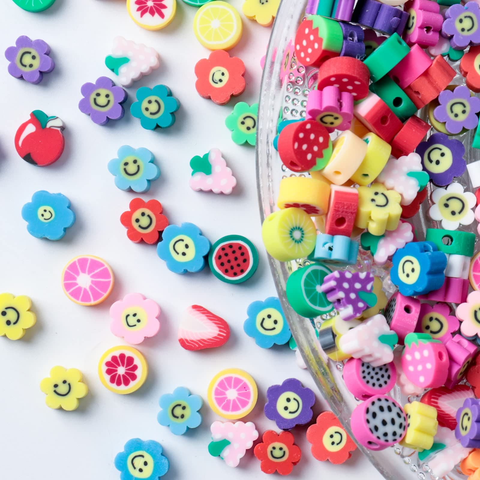 200pcs Mixed Fruit Spacer Beads Smile Face Beads Color Polymer Clay Beads, for DIY Jewelry Bracelet Earring Necklace Craft Making Supplies